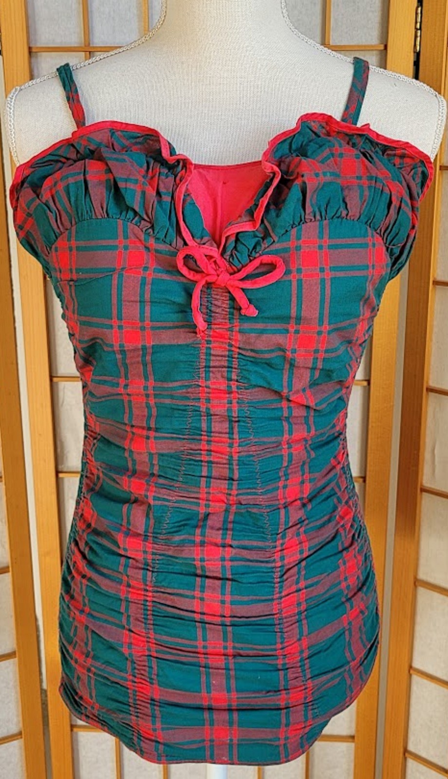 Vintage 1940s Swimsuit Bathing Suit Playsuit Pin Up Red Green Plaid Ruched