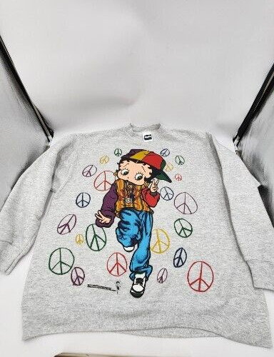 Vintage 1993 Betty Boop Hip Hop Peace Out Gray Sweatshirt 2 Sided Size XL-Tultex
