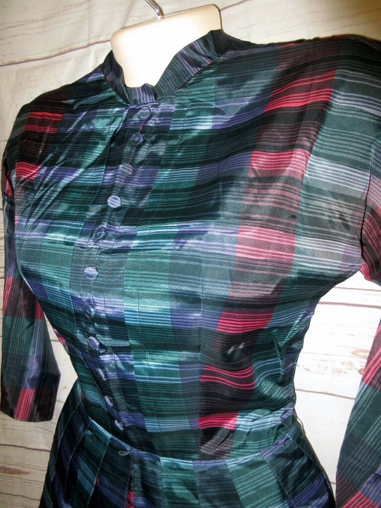 VTG 50’s Jonathan Logan Dress Rockabilly Satin Stripe Pleated 11 32/24/36 Plaid
