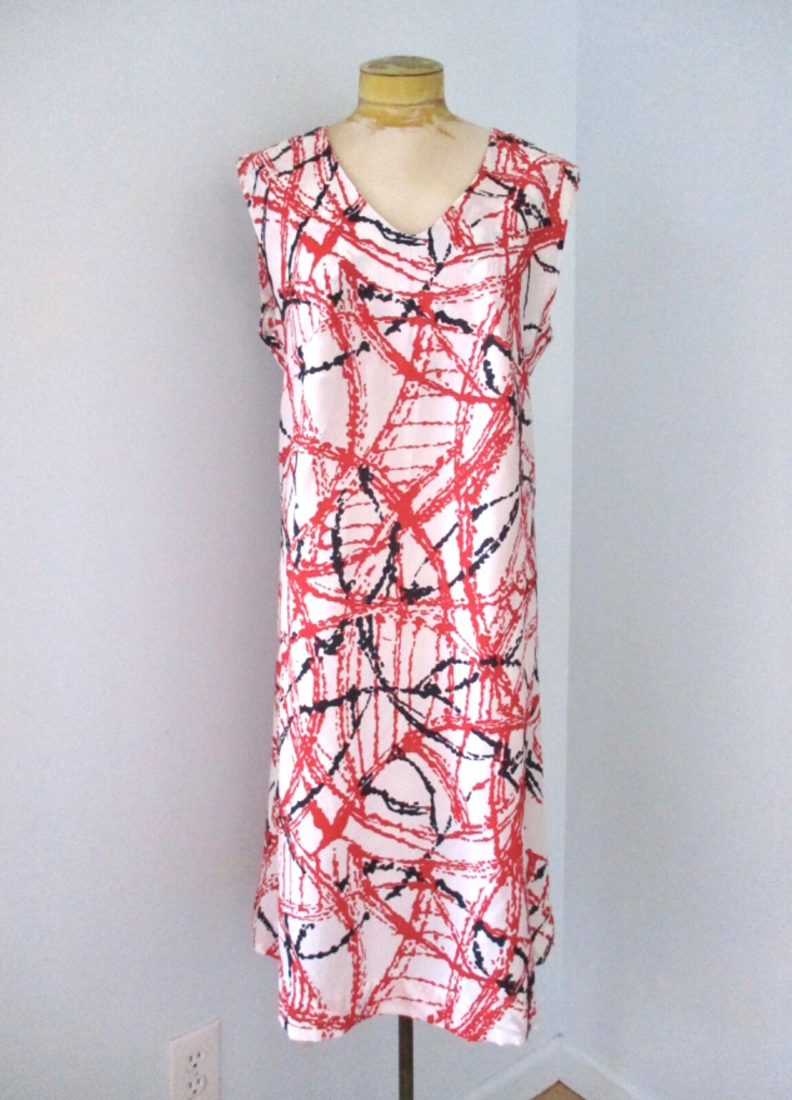 Vtg 60s Mod Red Black Abstract Paint Splatter Sleeveless Sheath Day Dress XL