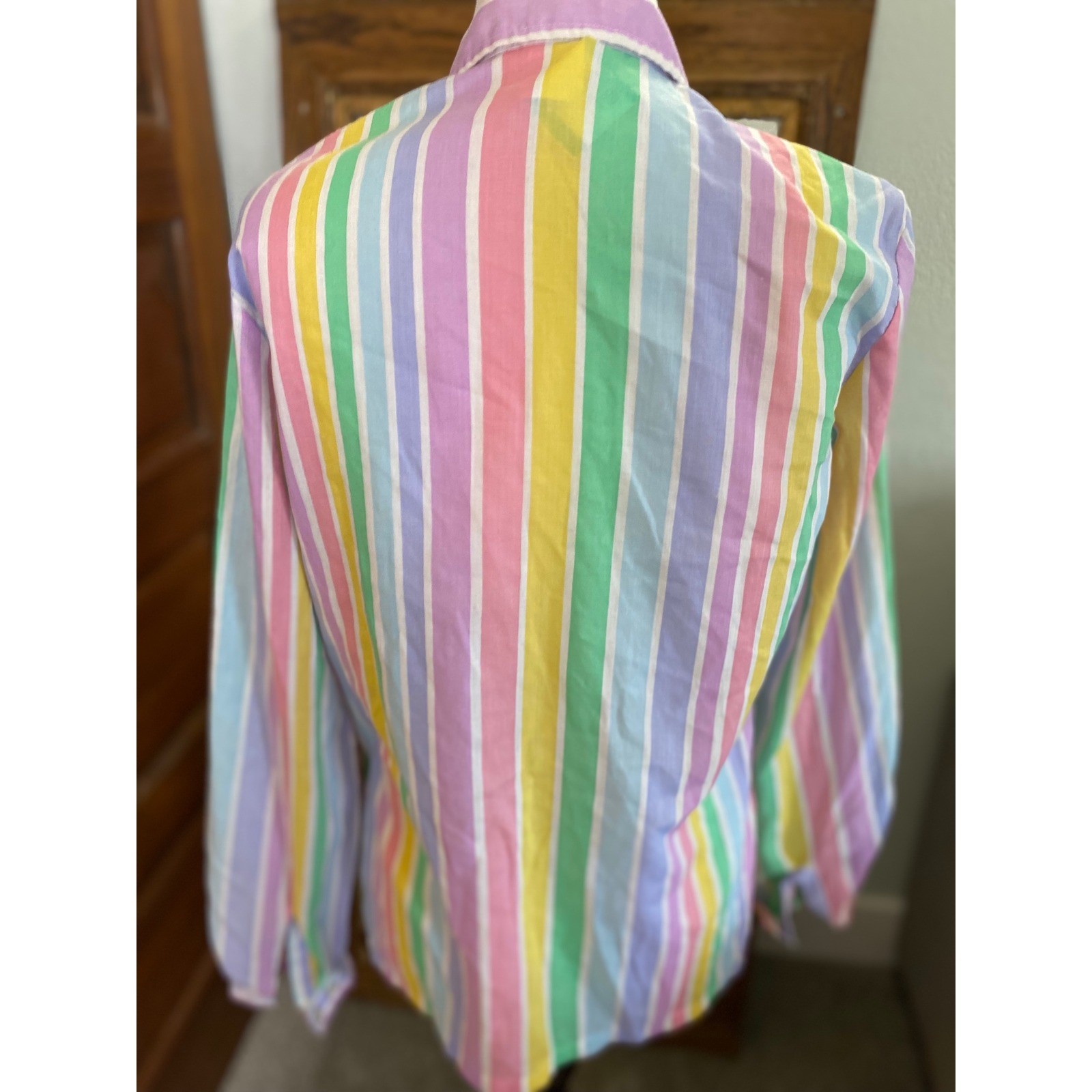 Vintage 70s JCPenney Pastel Candy Stripe Button Down Blouse Shirt Womens 10