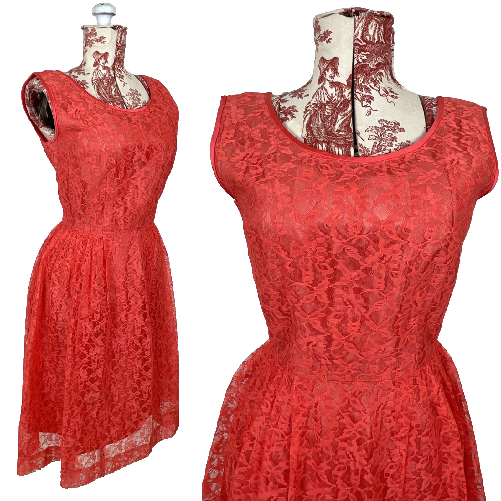 Vtg 50s CORAL LACE Dress J. Harlan Rockabilly Pinup Red Party Sheer Sexy 1950s