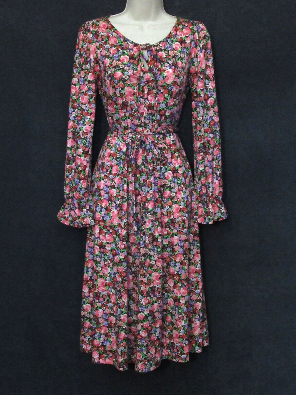 70’s Vintage Eva Robert Janan Italy Black Pink Floral Keyhole Belted Midi Dress