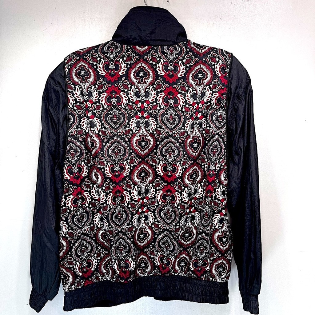 Vintage 80s Satin Tracksuit Jacket Black & Red Layered Look Zip Front Lavon XL