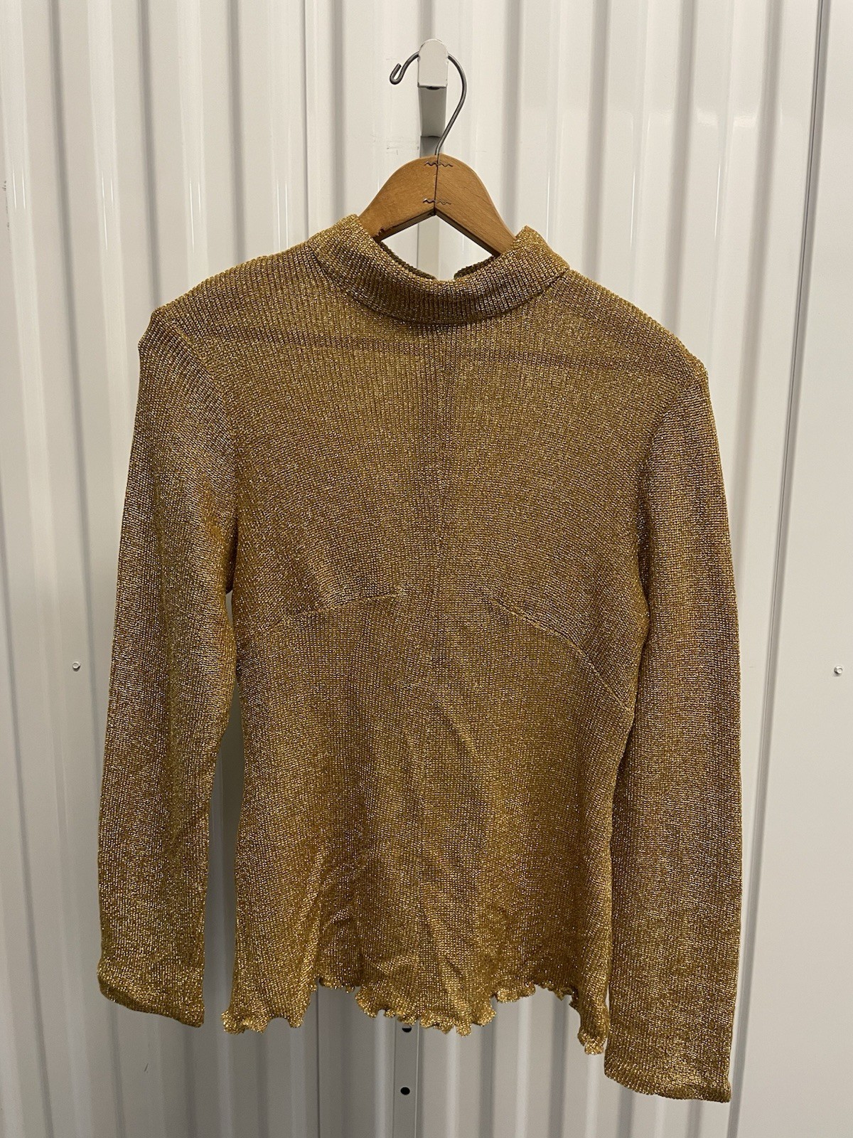 VTG 70s Gold Glitter Disco Lettuce Hem Mock Neck Long Sleeve Blouse Womens M