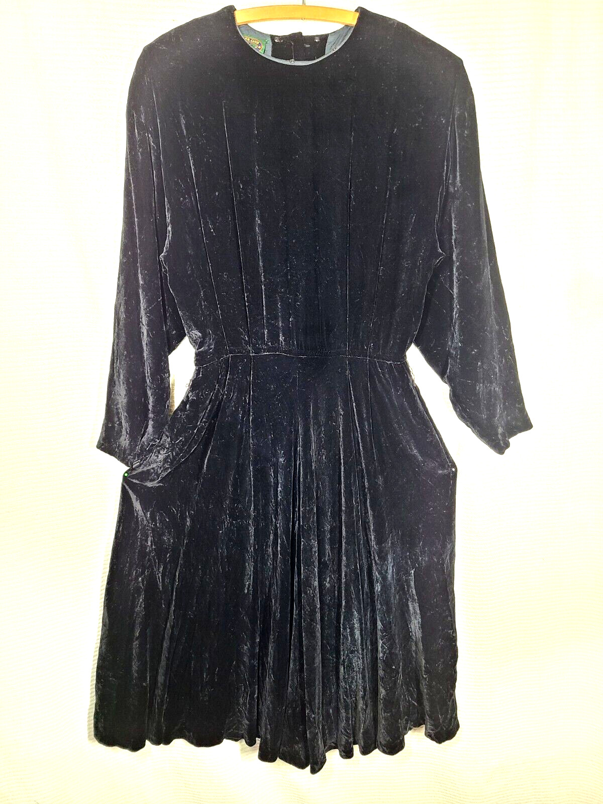 Vtg 90s Velvet Bias Dress Black Silk Rayon Velour Drapey Skirt Button Back 8 M