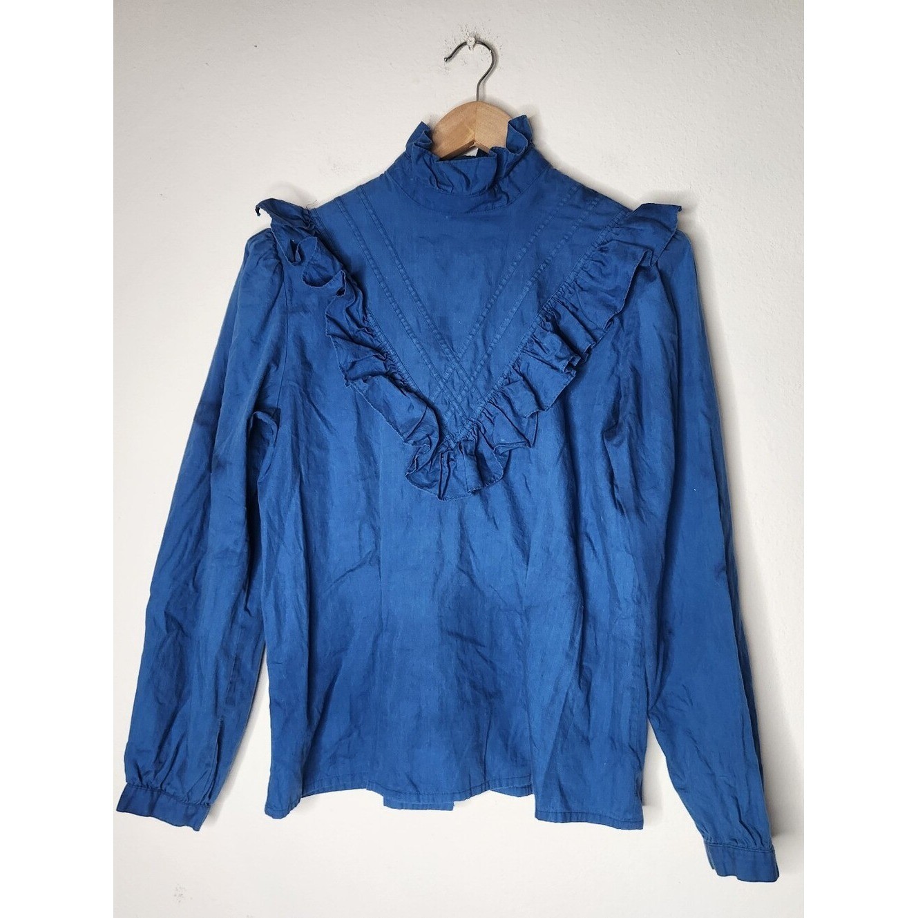 Vintage Janine Womens Medium Blue Button Back Ruffle Western Long Sleeve Top