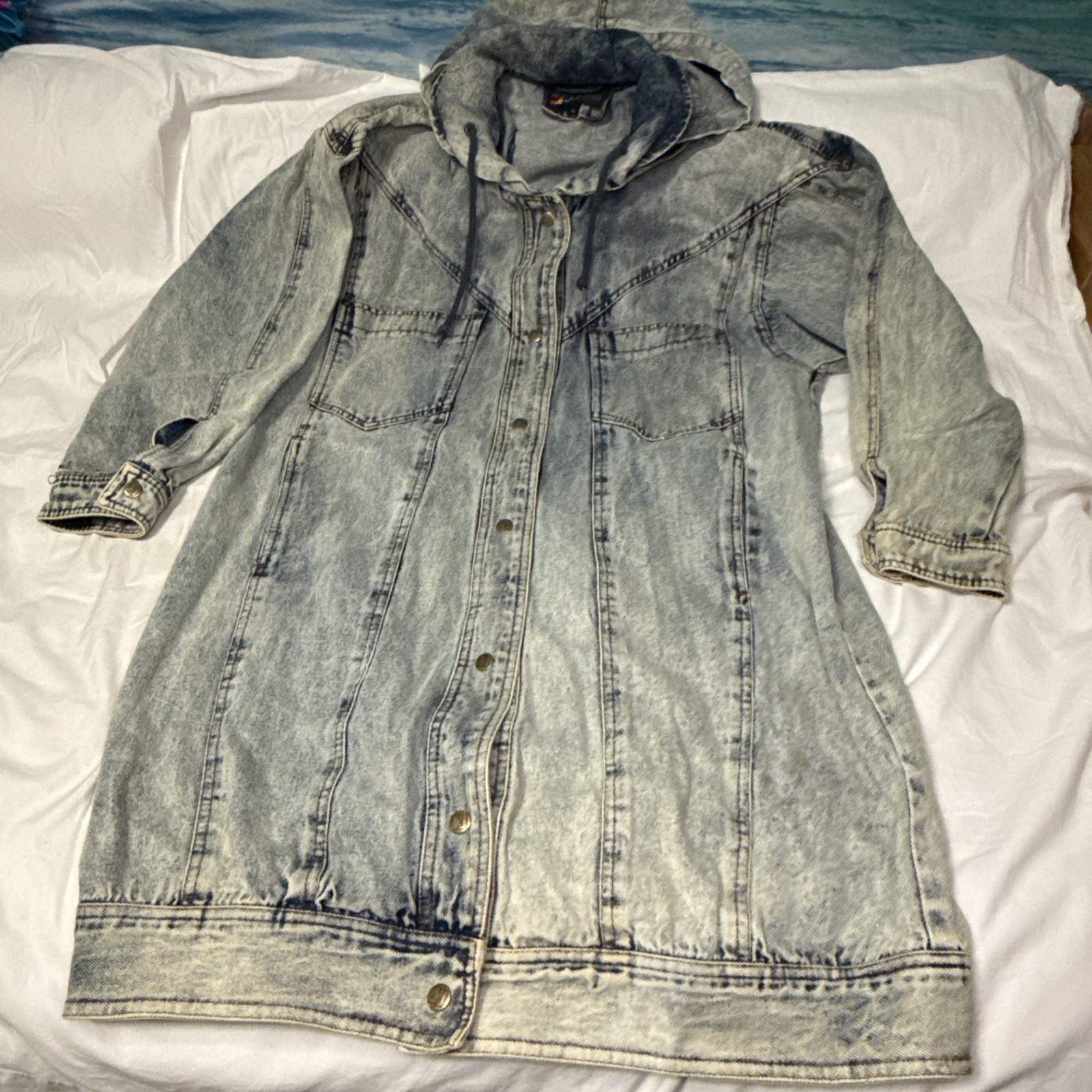 VTG ANDY JOHNS Long Denim Jacket Coat Large Hooded Grunge 90s 80s Light Wash