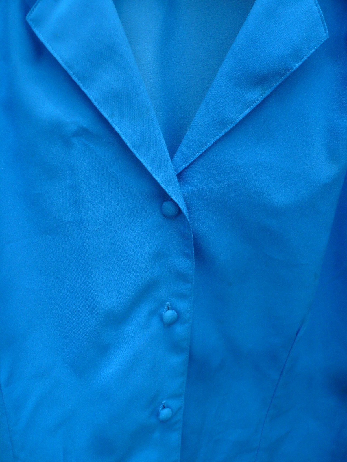 VTG 80S M L LASTING IMPRESSIONS SOLID BLUE CAP SLEEVE FITTED BLOUSE BUTTON SILKY