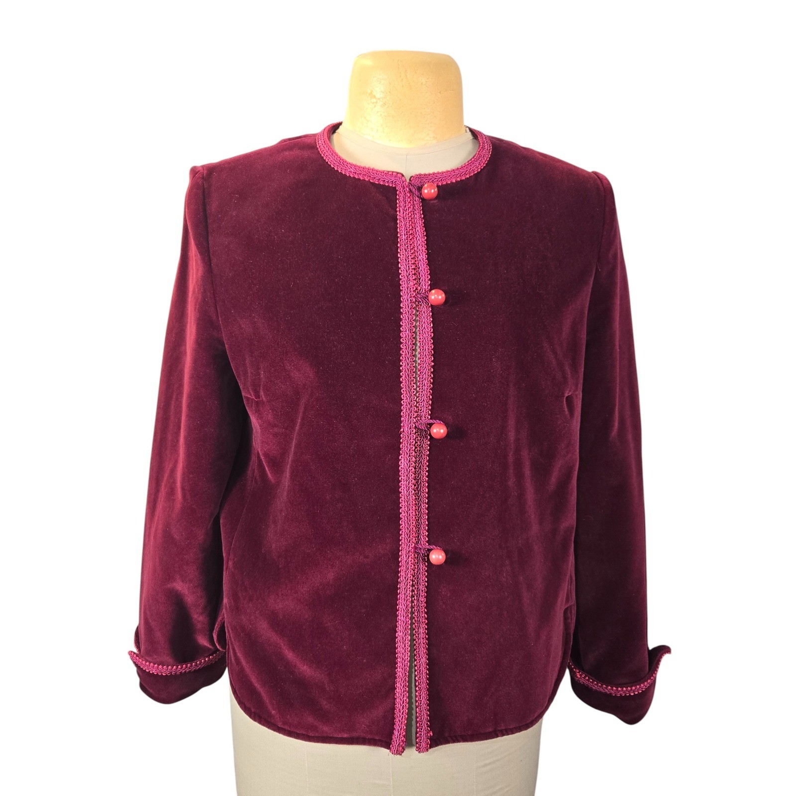 Vintage Burgundy Velvet Jacket Braided Trim Button Front Wine Red Womens XL