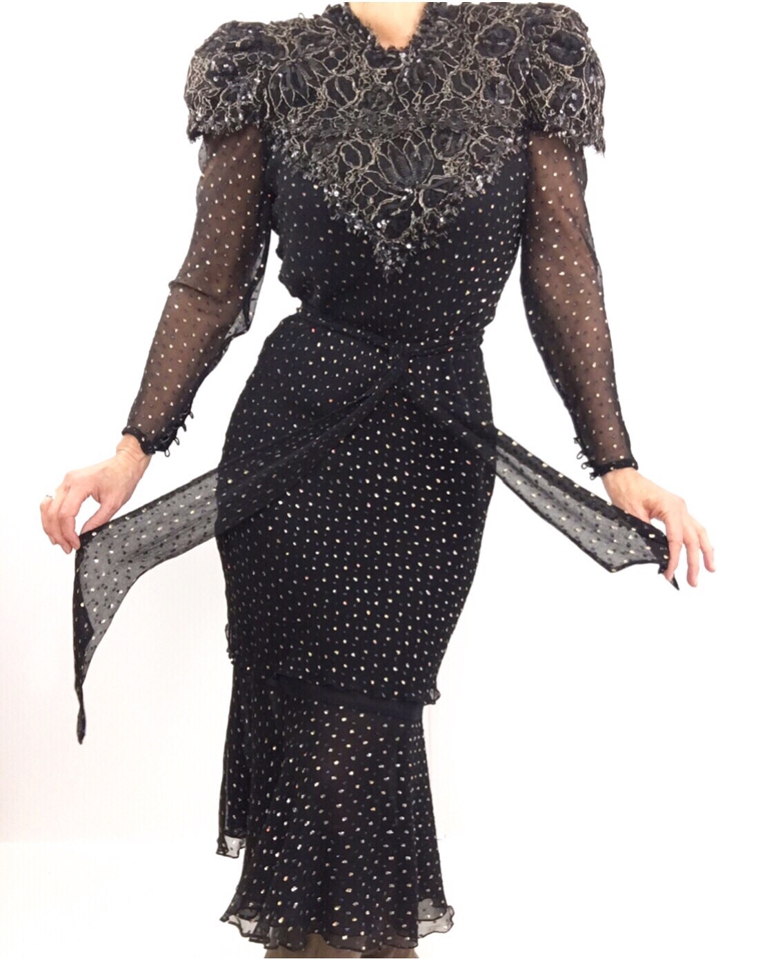 Vintage Judy Hornby Pure Silk Heavily Beaded Bodice Dress W/ Polka Dots Size M