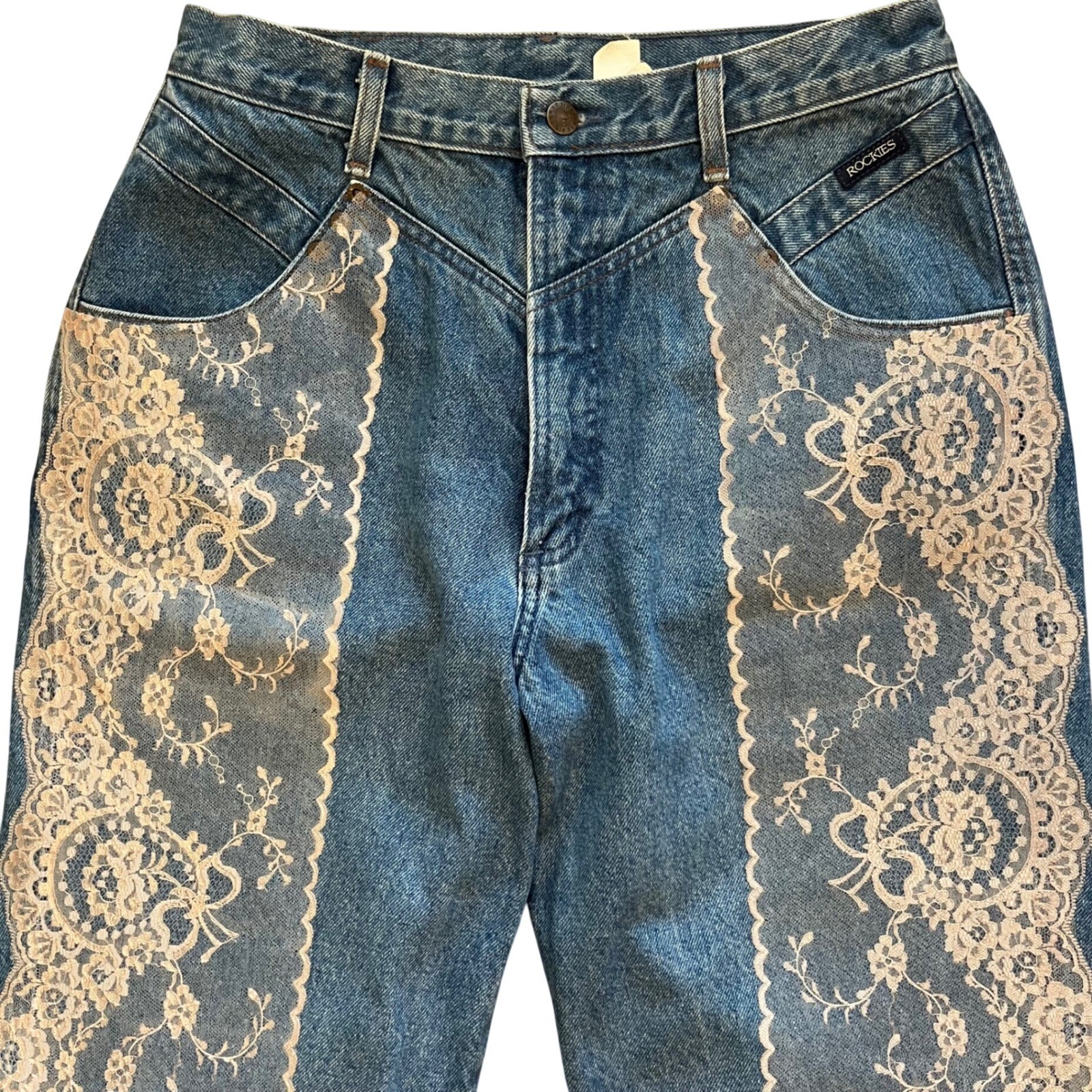 Vintage Rockies Western Lace Jeans Womens 34/15 37 High Rise Tapered Leg Blue