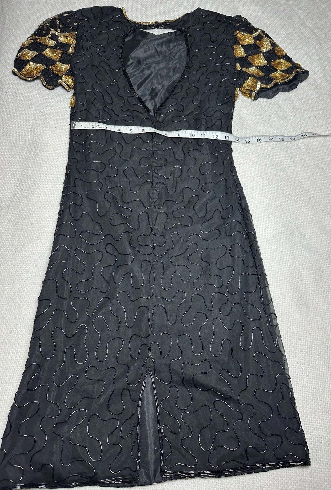 SWEELO Vintage Silk Beaded Black Gold Dress India Art Deco Sequin S 6-8