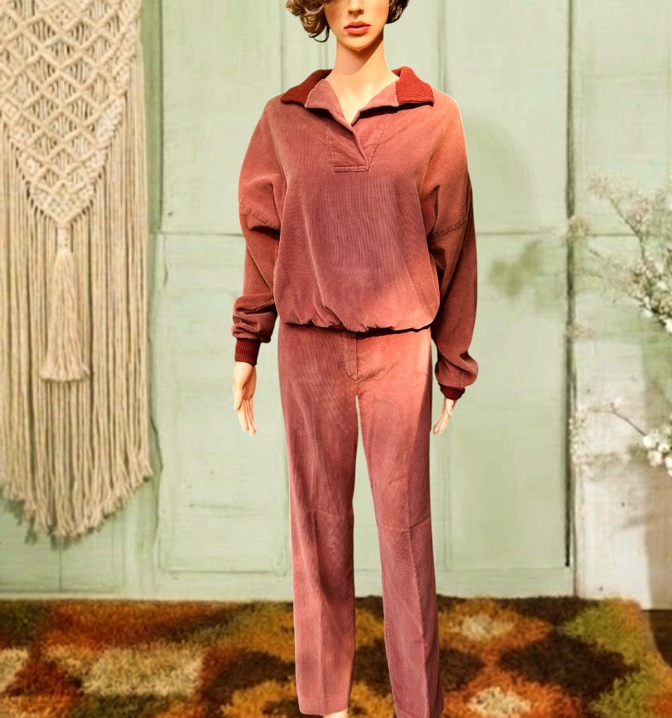 Vtg 1970s Corduroy Shirt And Pants Set Off Brown Mauve Leisure Suit 2 Piece 24”w
