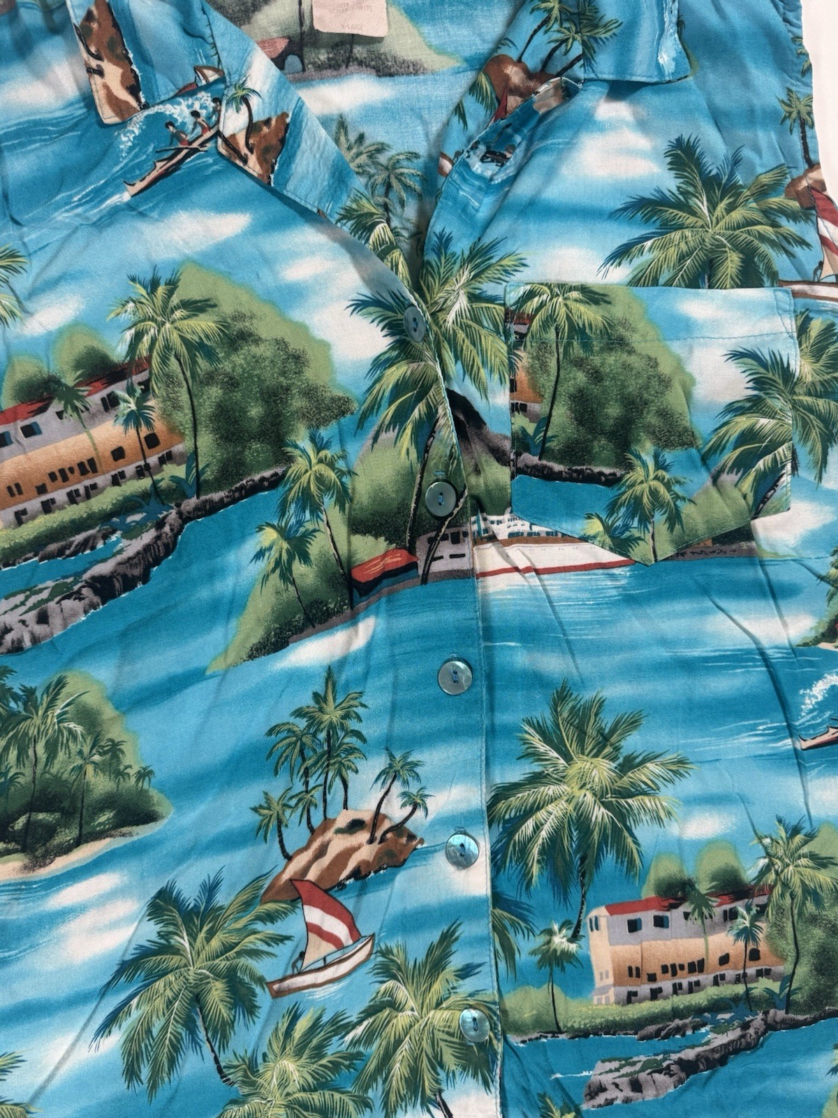 VTG Tropical Hawaiian Island Scenic Print Resort Button Down Sleeveless Shirt XL