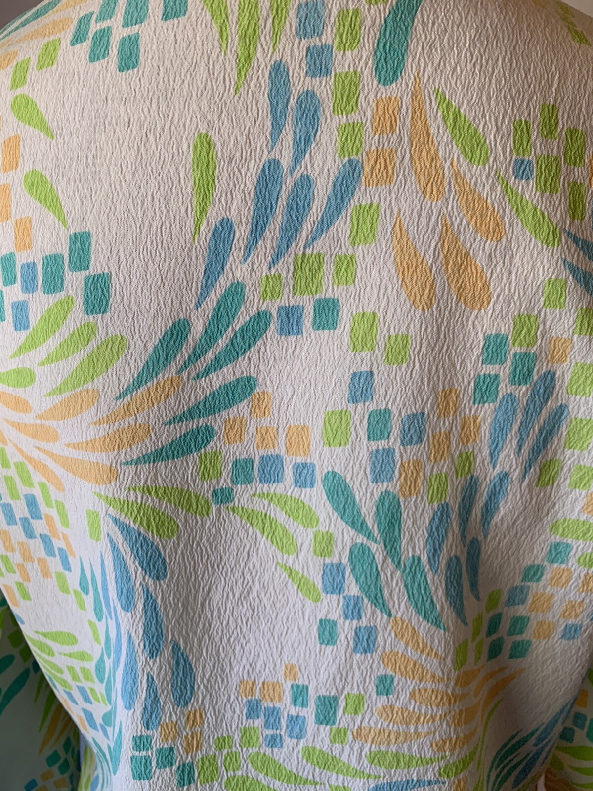 Vtg Ascot Blouse Tie Neck Long Sleeve Sheer Button Up Colorful Firework Bursts