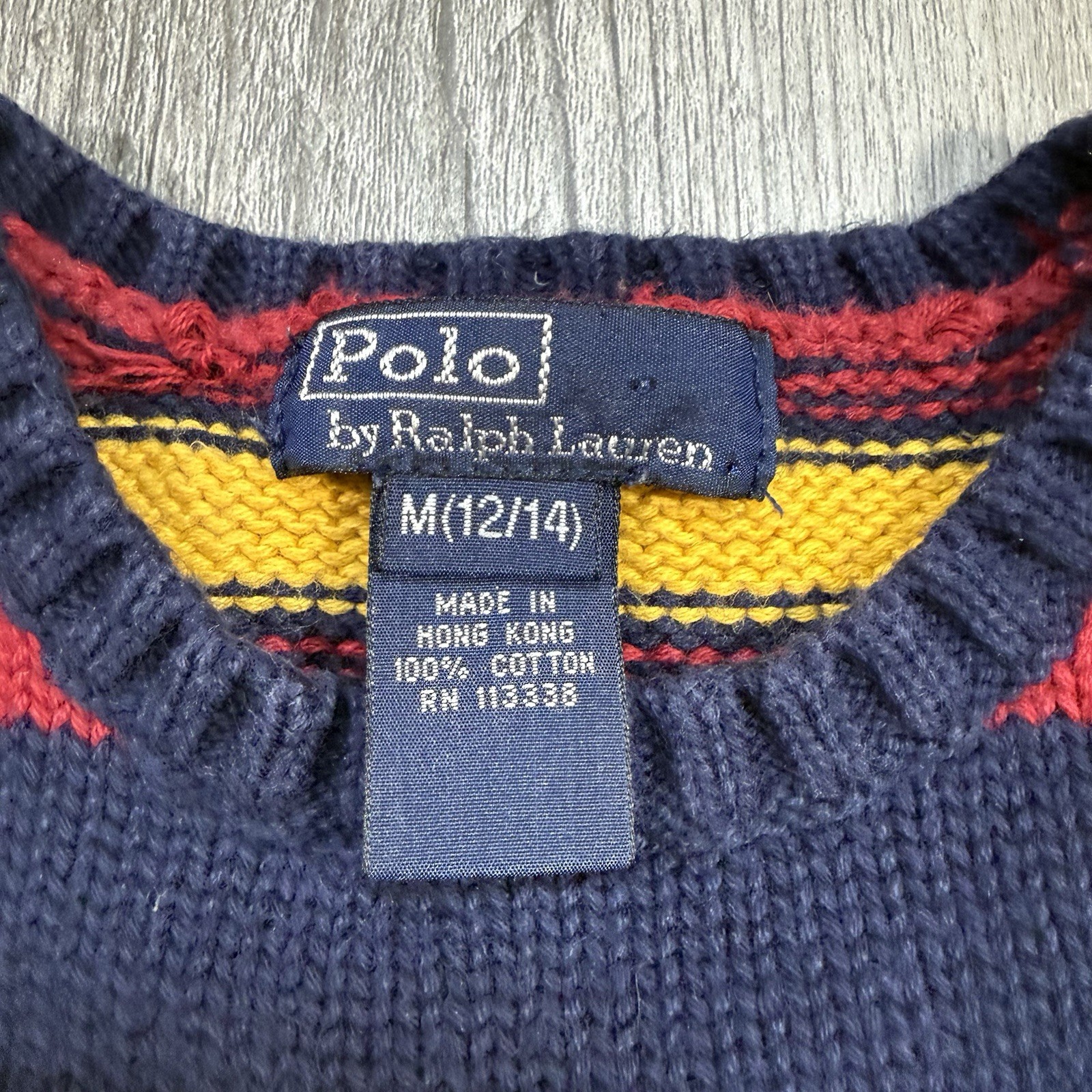 Vintage 90s Polo Ralph Lauren Striped Cotton Sweater Navy Red Yellow Youth M