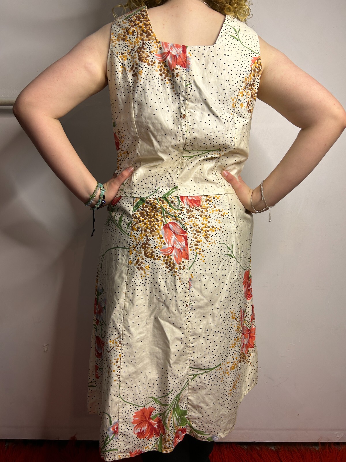 Vintage Handmade Cotton Blouson Dress Square Neckline Floral A-Line AU 12-14