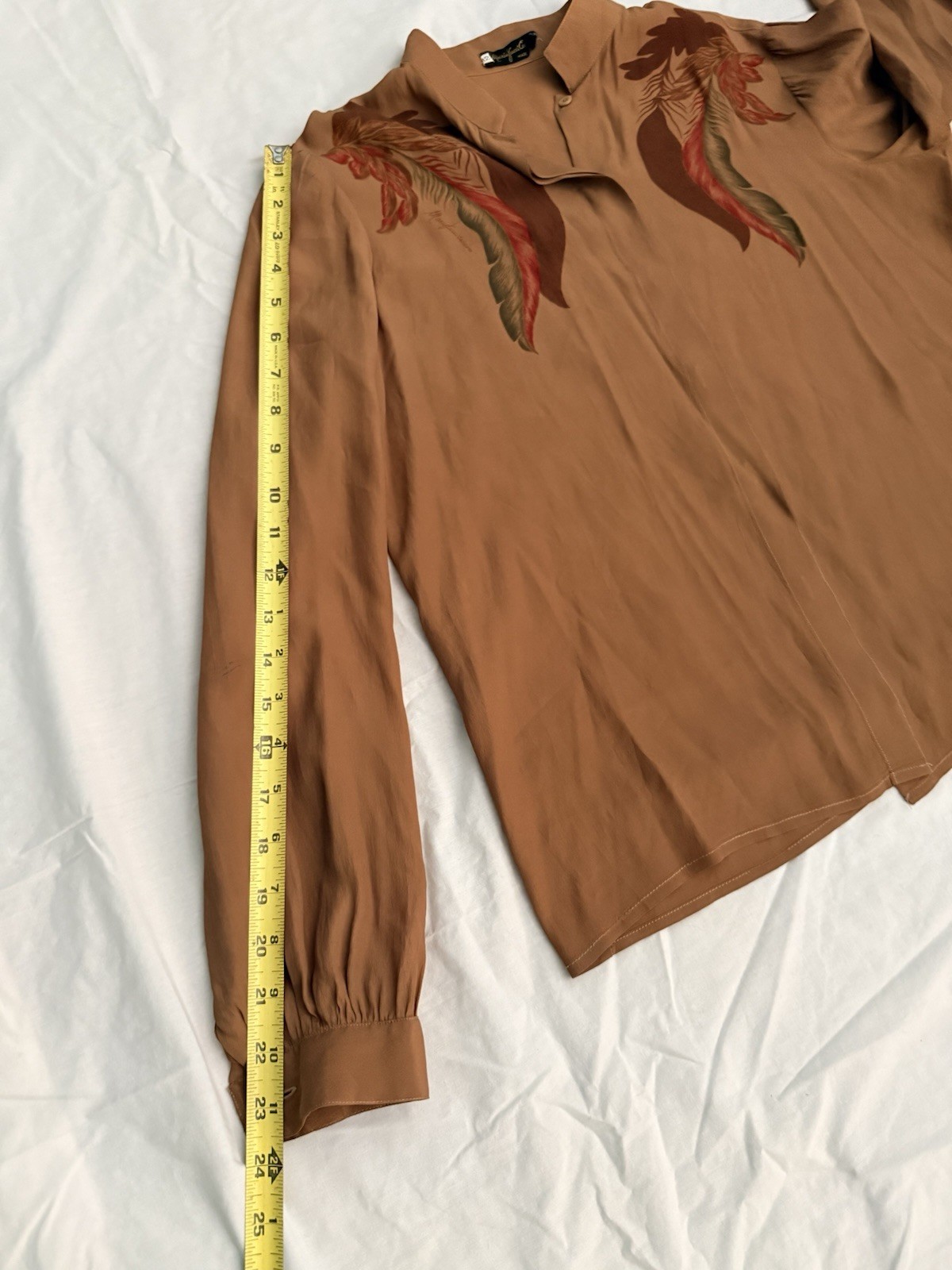 Vtg Mario Pucci Cecconi Italy Blouse Feathers Long Sleeve Brown Button Top Shirt