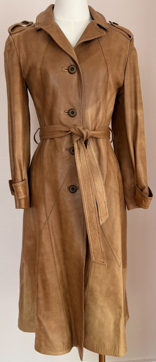 Vintage 100% Leather Trench Coat XS XXS Tan Belted Jacket Handmade in Mexico