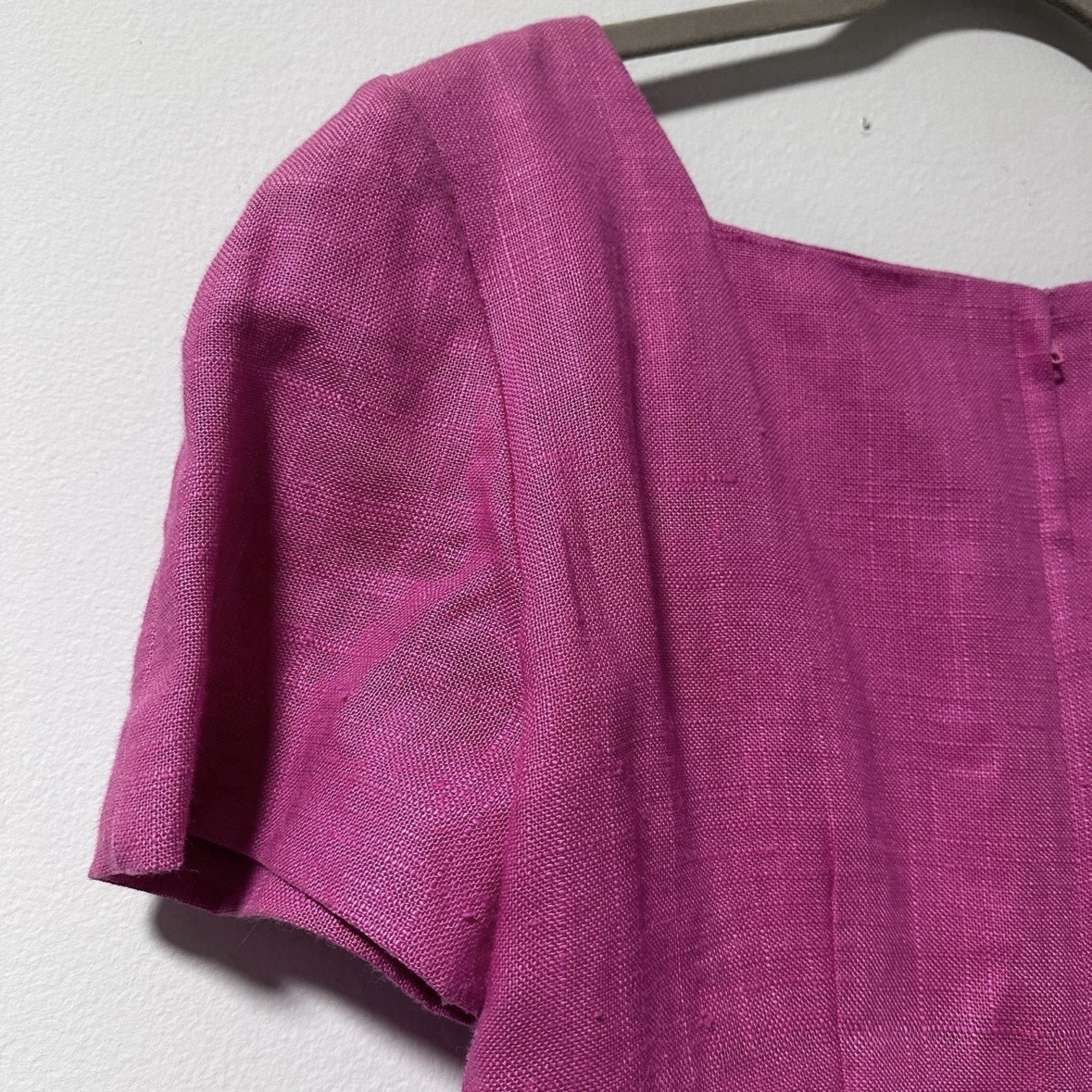 Vintage 80s Santa Fe Bright Pink Midi Dress Gold Embroidery Linen Women’s Sz 8