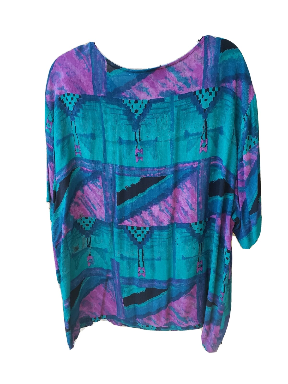 VTG 90s Karen Kane Sz 16 Multicolor Artsy Print S/S Rayon Tunic Top Shirt USA