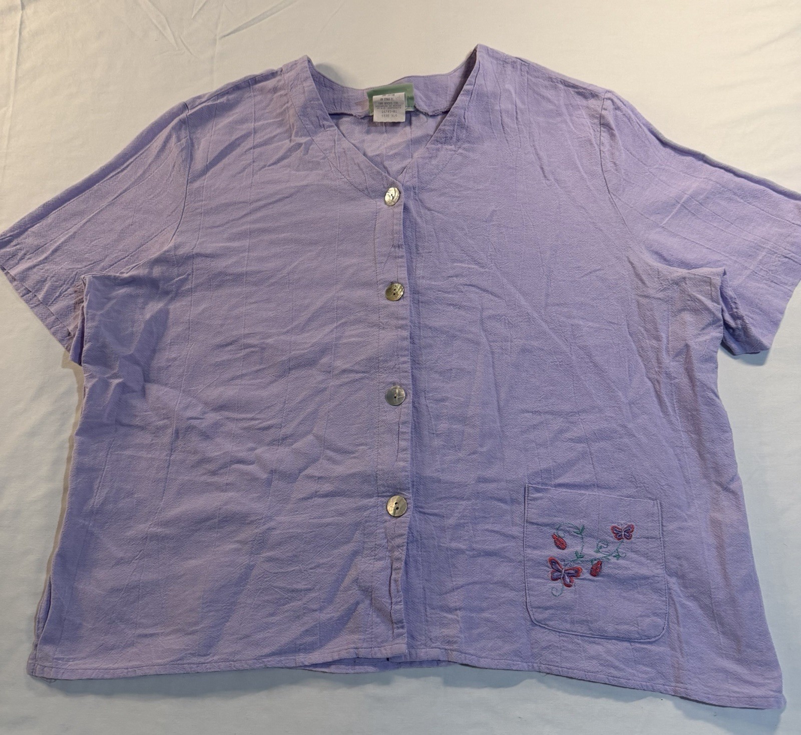 Vintage 220 Hickory Purple Lilac Button Front Blouse XLG Butterfly Pocket Cotton