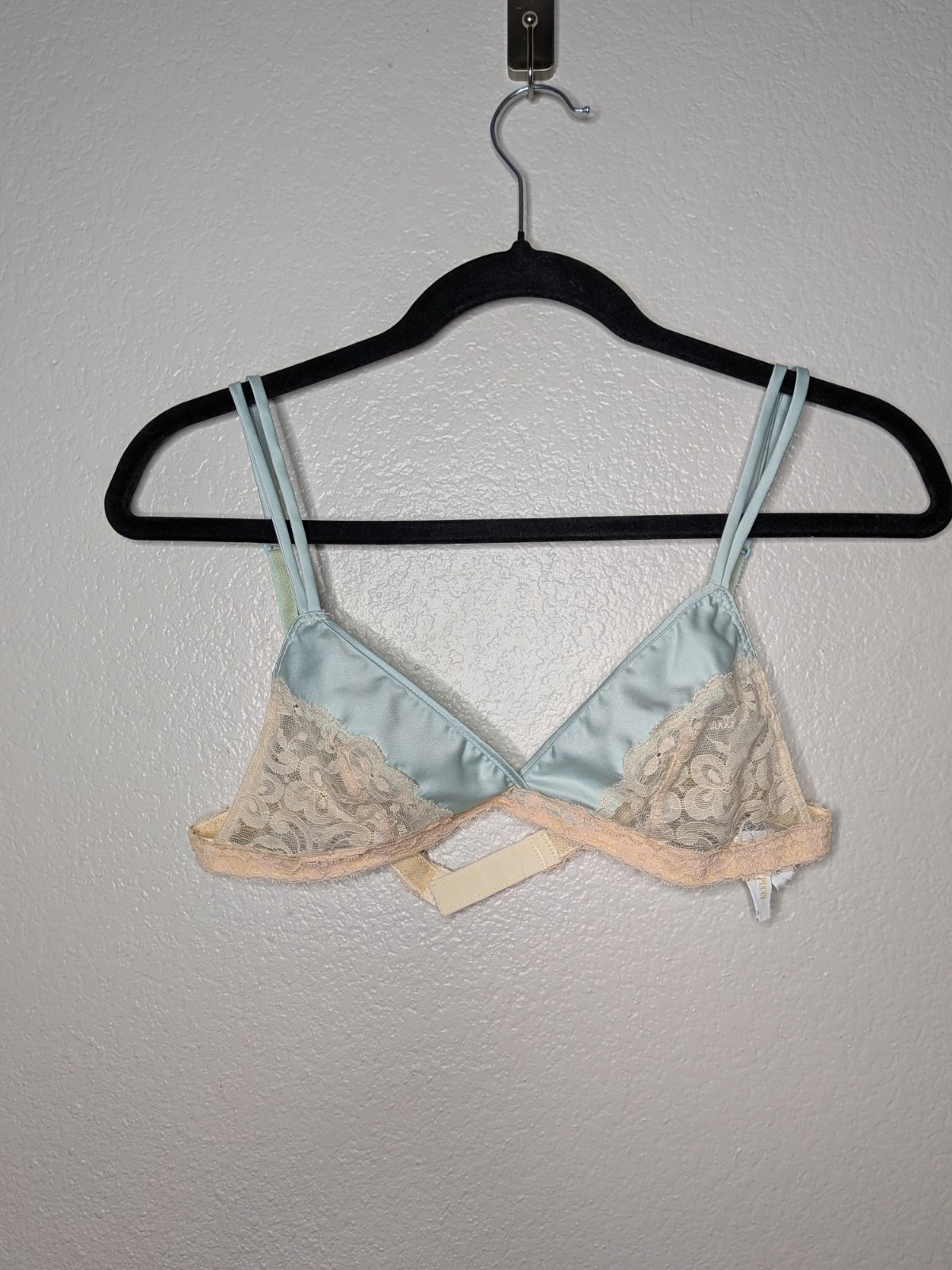 Emilio Pucci Light Blue Satin Cream Lace Vintage 70s Coquette Wireless Bra 34A