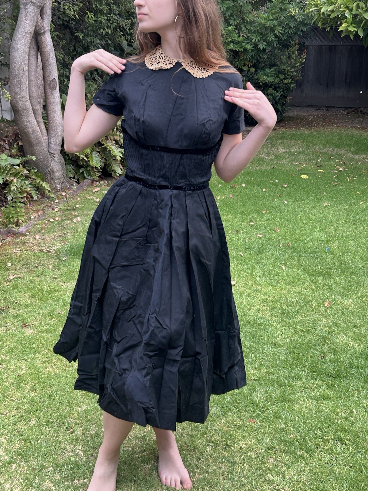 True Vintage 50s S Maggi Stover Peter Pan Lace Collar Dress Pleated Black