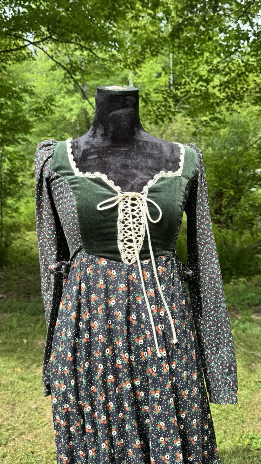 Gunne Sax Gunne Sax green velvet + floral print dress with lace up corset Small