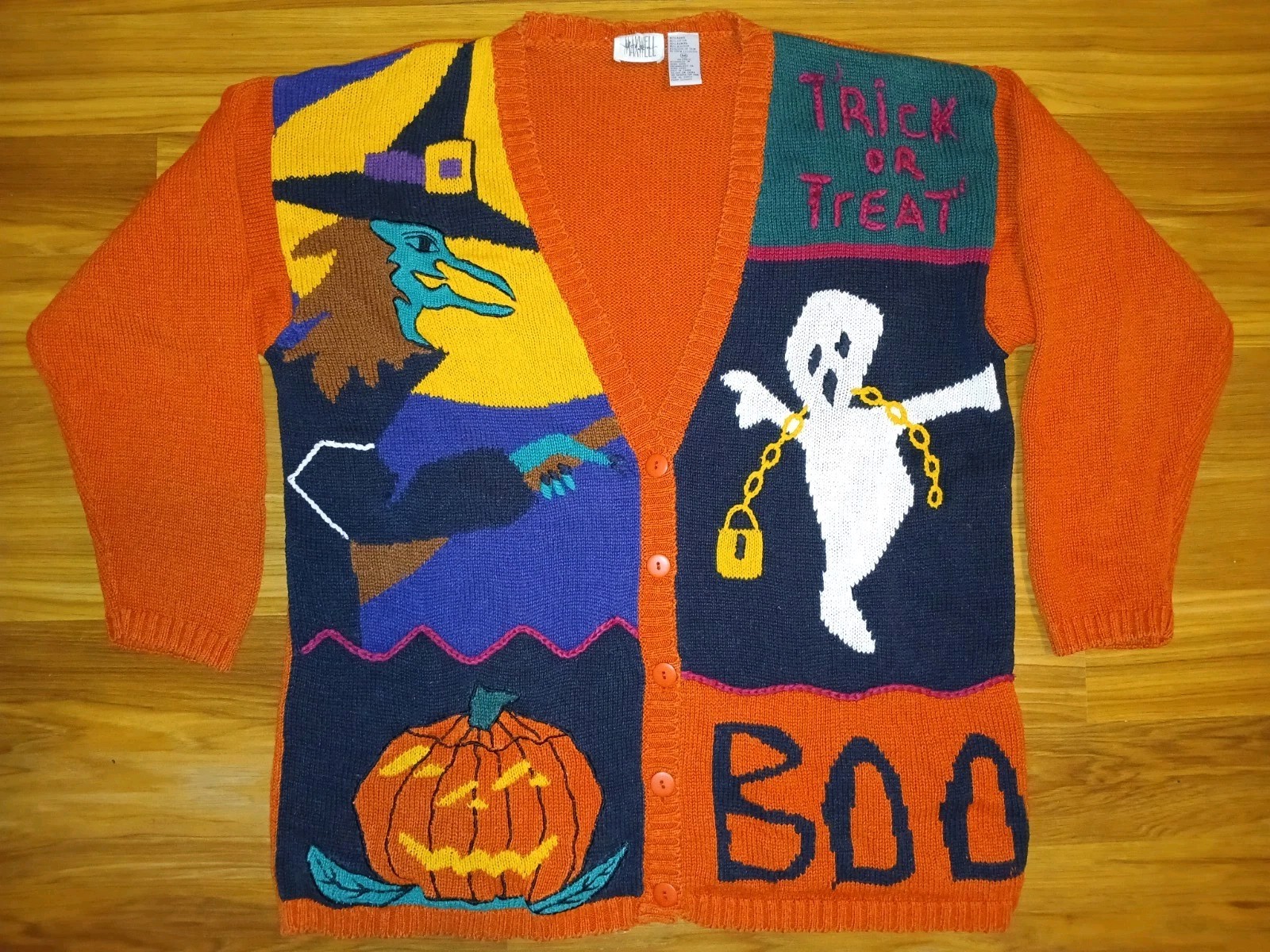 Vintage 90s Halloween Cardigan Witch Ghost Pumpkin Ugly Sweater Jason Maxwell M
