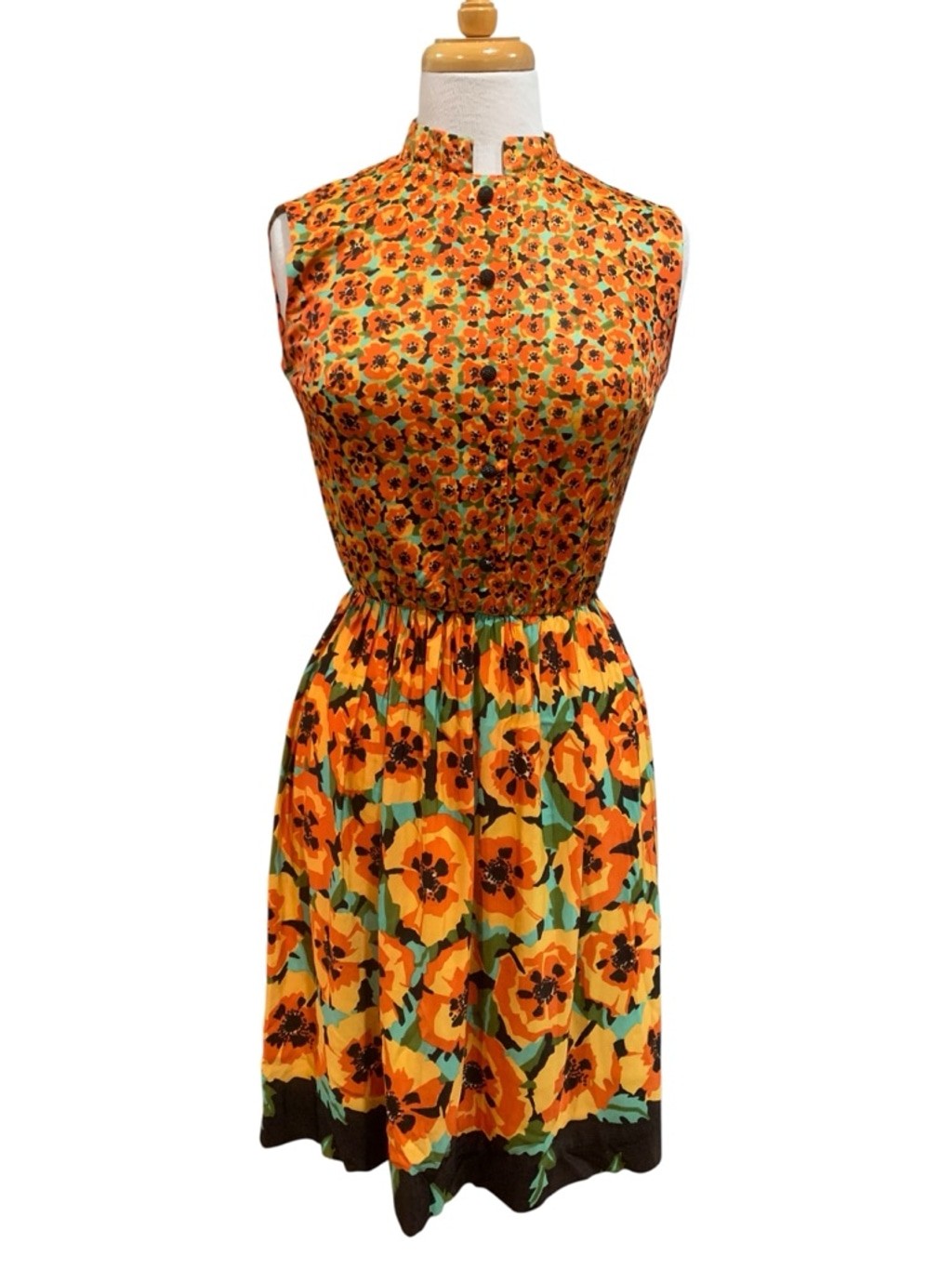 Vntg 70’s Sacony Orange Teal Floral sleeveless Mini Dress size S