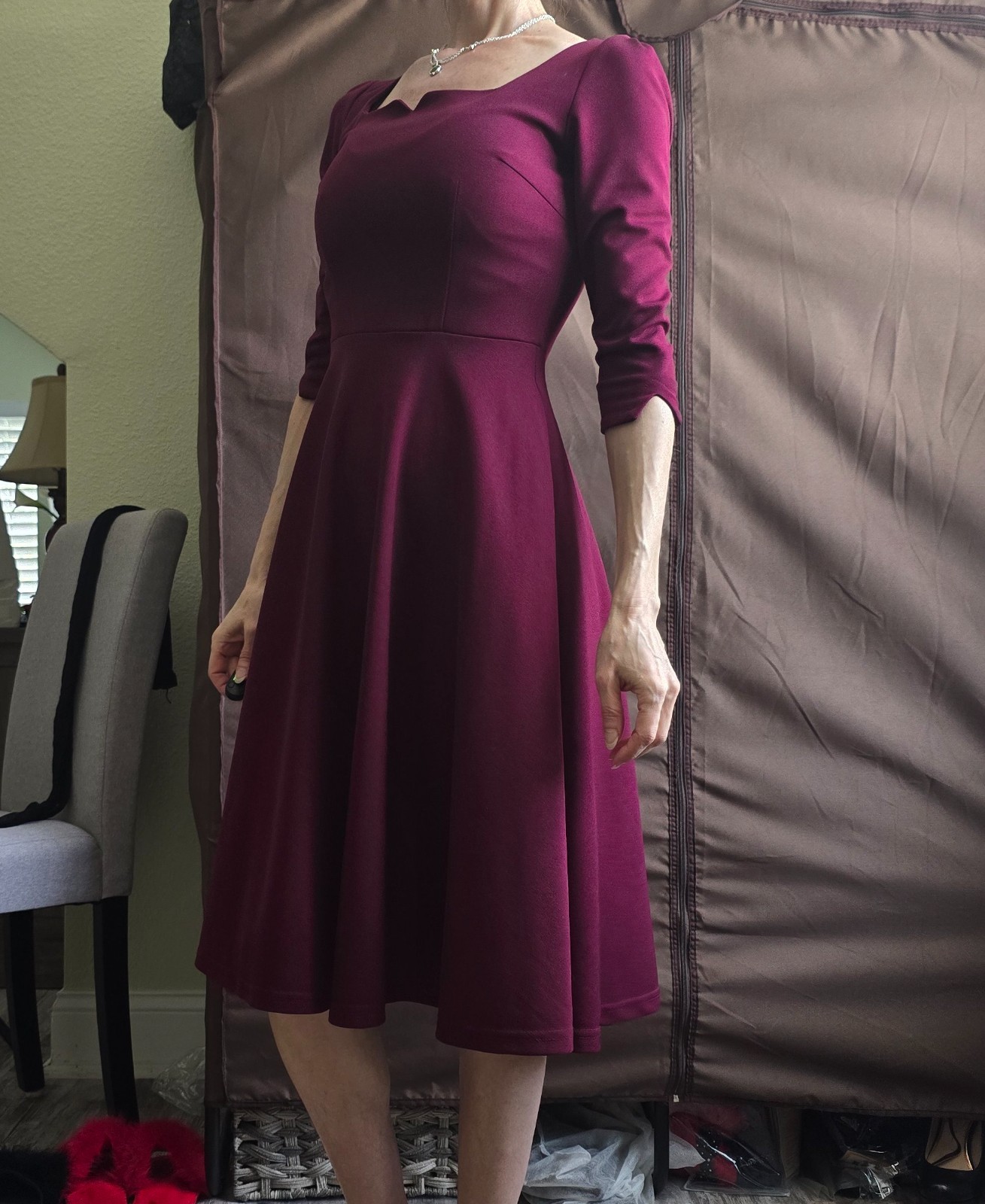 Vintage inspired dress, S/XS Dressy Star, below knee, vine red, 3/4 sleeve