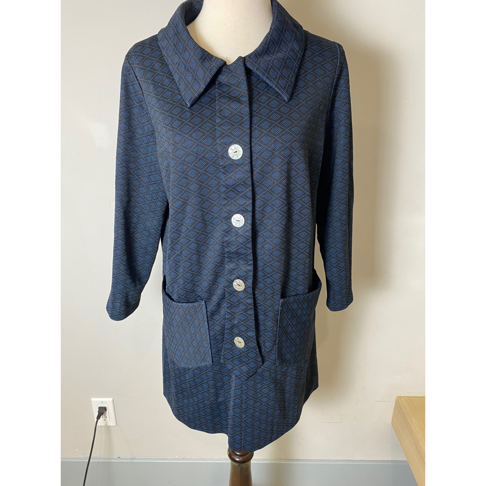 Vintage 1970s Blue Black Geometric Diamond Knit Mod Shift Dress Jacket Tunic