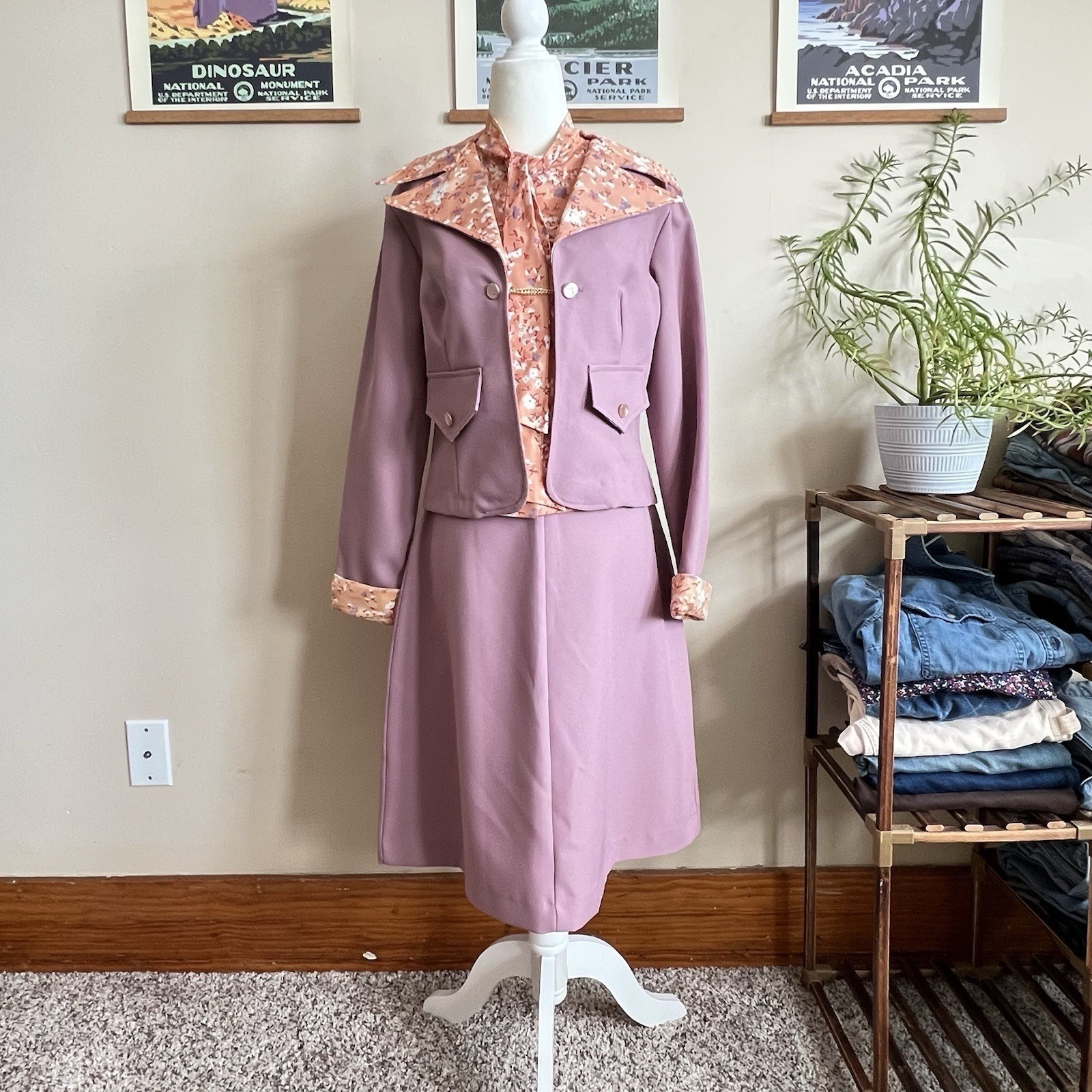 Vintage 70’s Women’s 3-Piece Suit Set EUC Size 11 Mauve Floral Point Collar