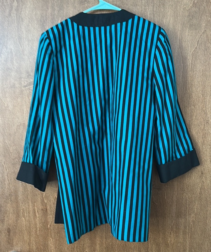 Vintage Kasper for A.S.L. 100%Silk Striped Teal & Black Dress with Matching Coat