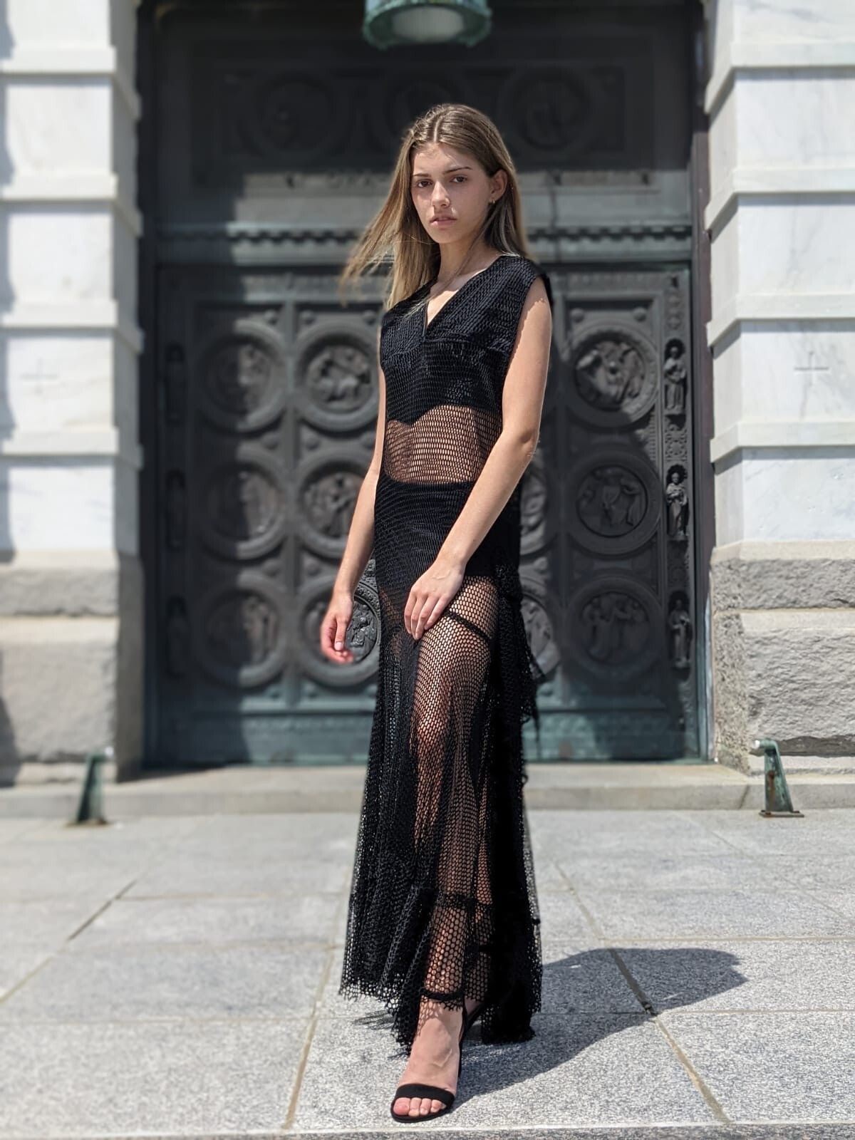 ALLURING FLAPPER 1920’S BLACK FISHNET DRESS W DRAPE TAILS AT SIDE 