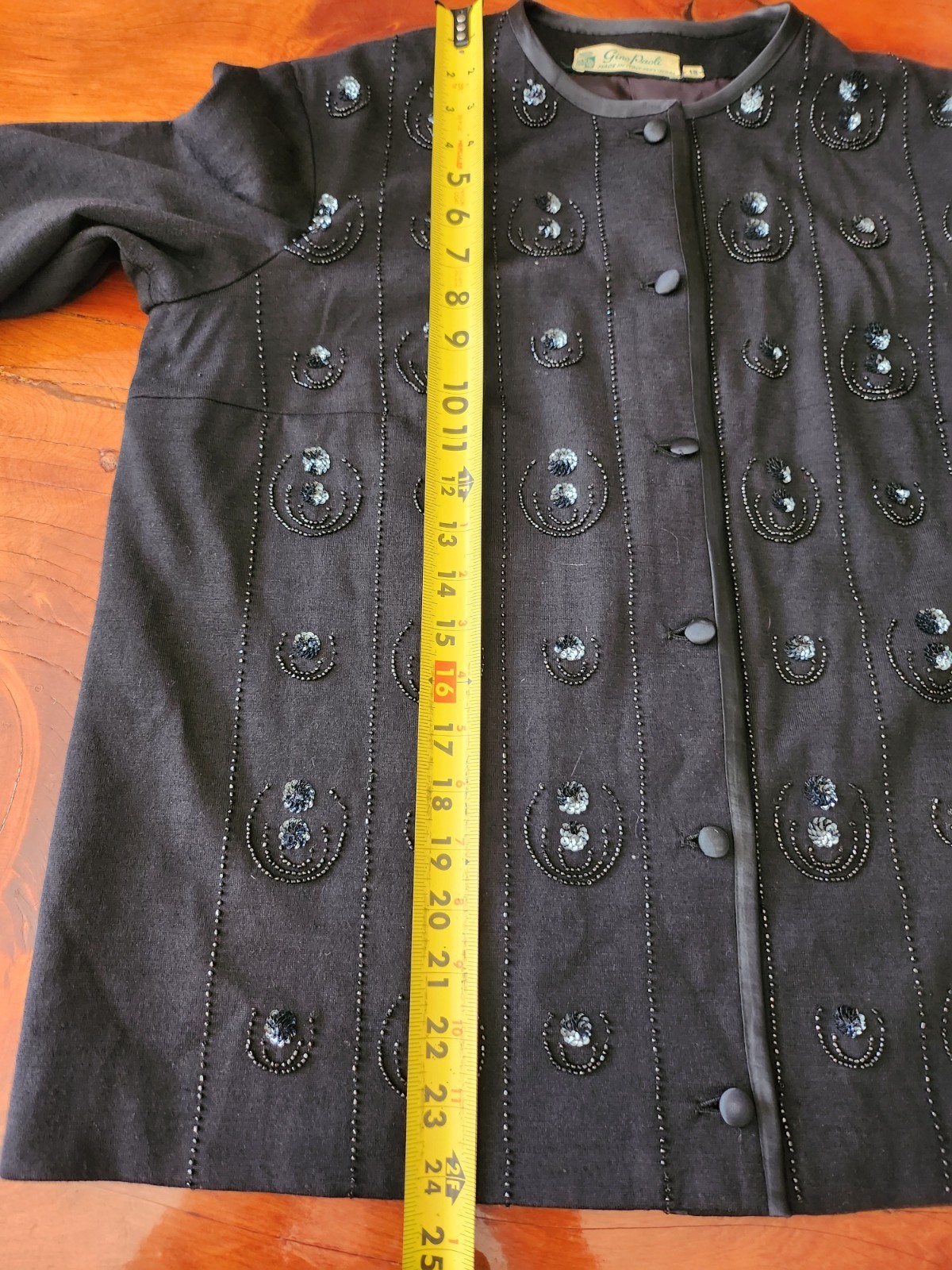 Vintage Gino Paoli Sweater Beaded Black Wool Button Up Knit 3/4 Sleeve Lined