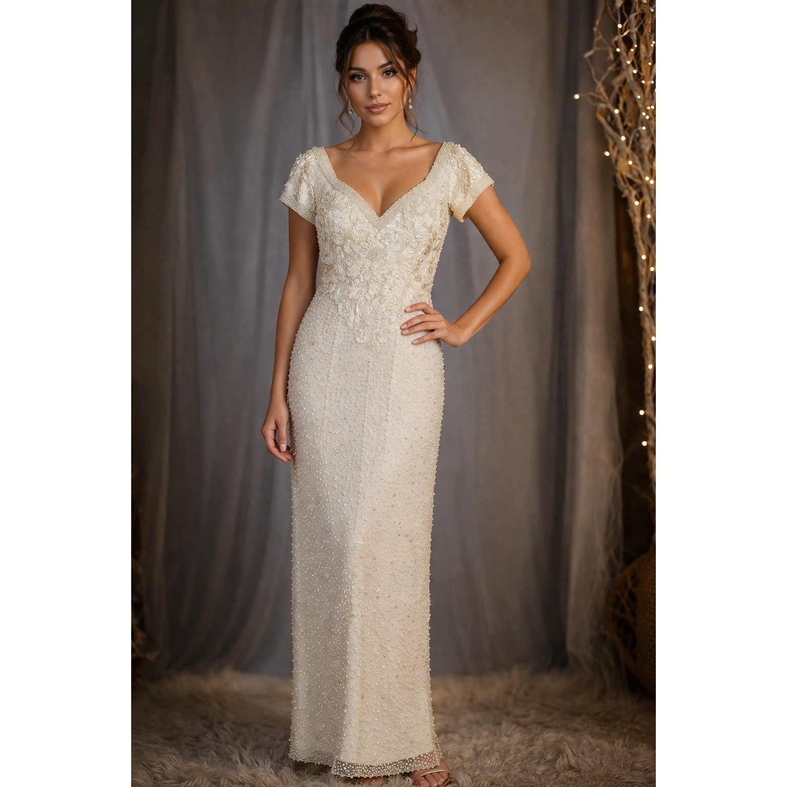 Ted Lapidus Gatsby Silk Ivory Maxi Dress Ethereal Beaded Wedding Size 8 Antique