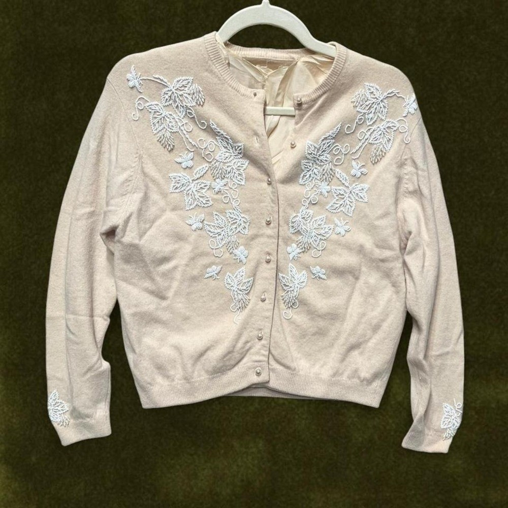 True Vintage Rare 1950s Angora feel Cocktail Beaded Silk-Lined Cardigan s/m