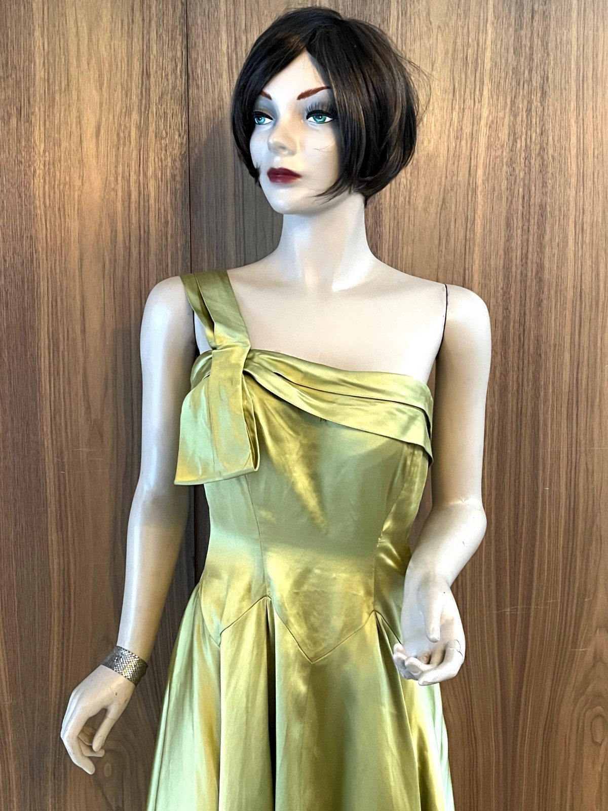 1950s CEIL CHAPMAN Silk Satin Gown Green Gold One Shoulder Full Skirt Dress