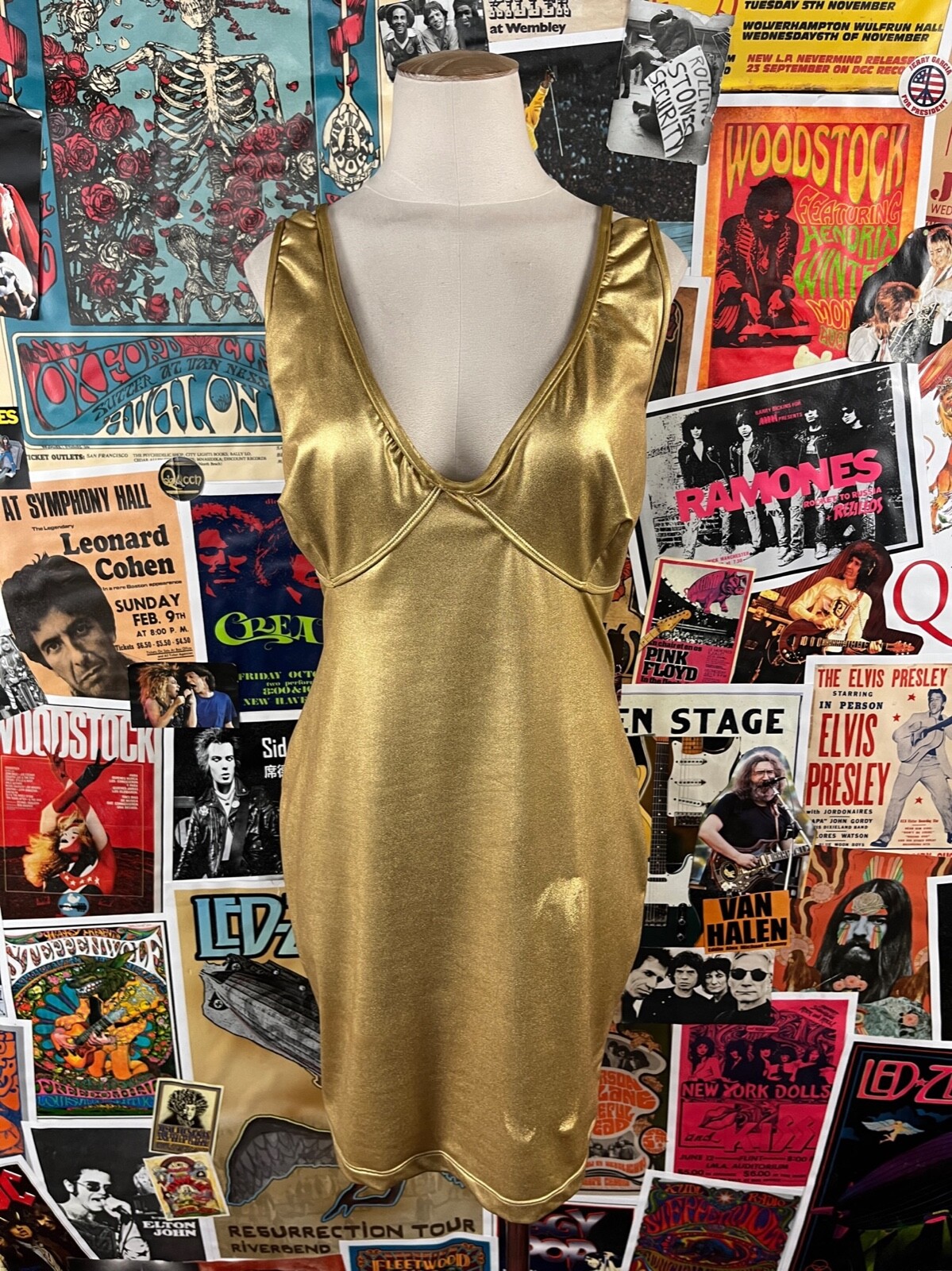 Vtg 90s Metallic Gold Ujena Nylon Spandex Deep V Club Disco Mini Dress Medium