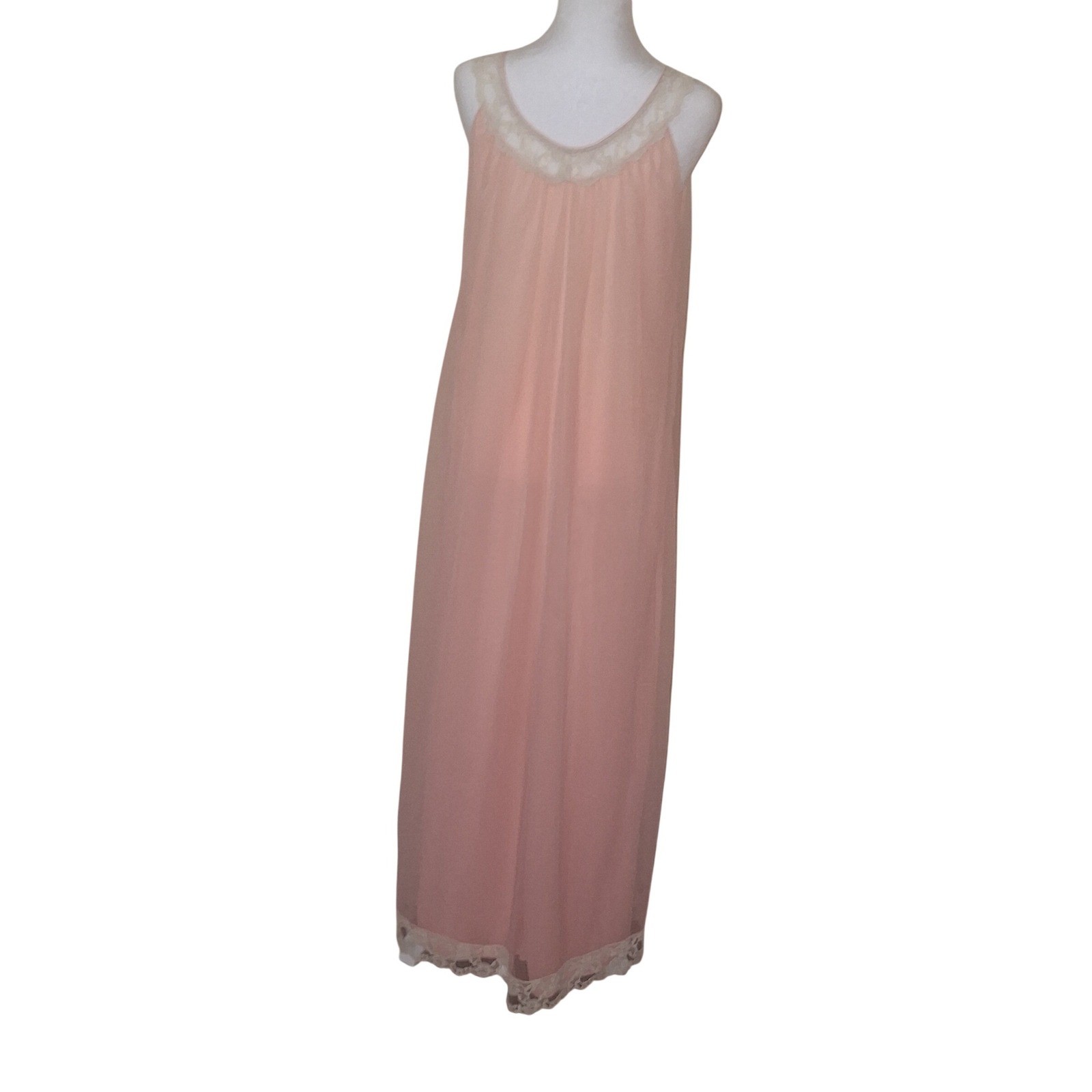 Vintage Pink Night Gown Nighty Lace Maxi Romantic Flowy Sleeveless