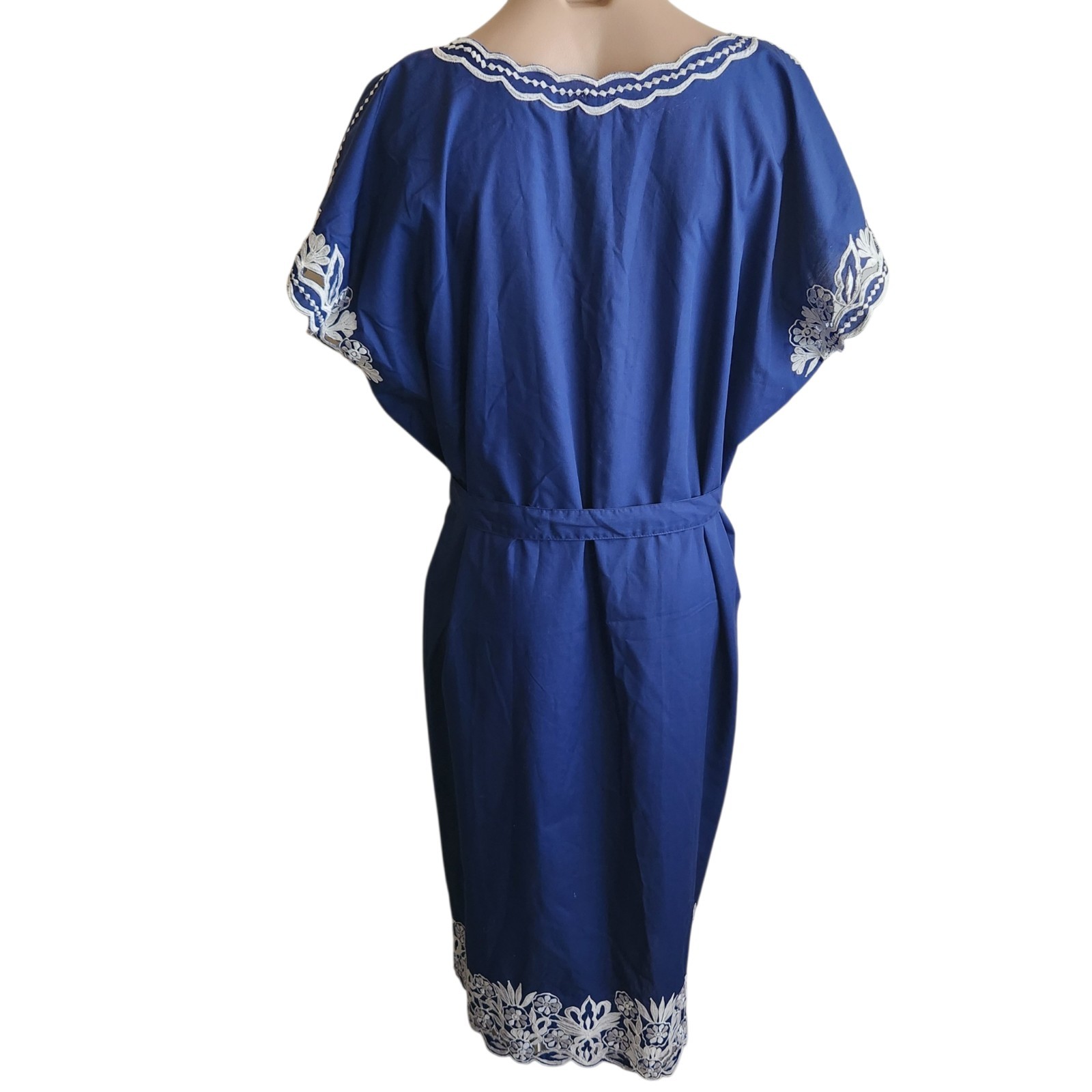 VTG 60s Caro Of Honolulu Hawaiian Aloha Dress Embroidered Blue MCM Boho Hippie