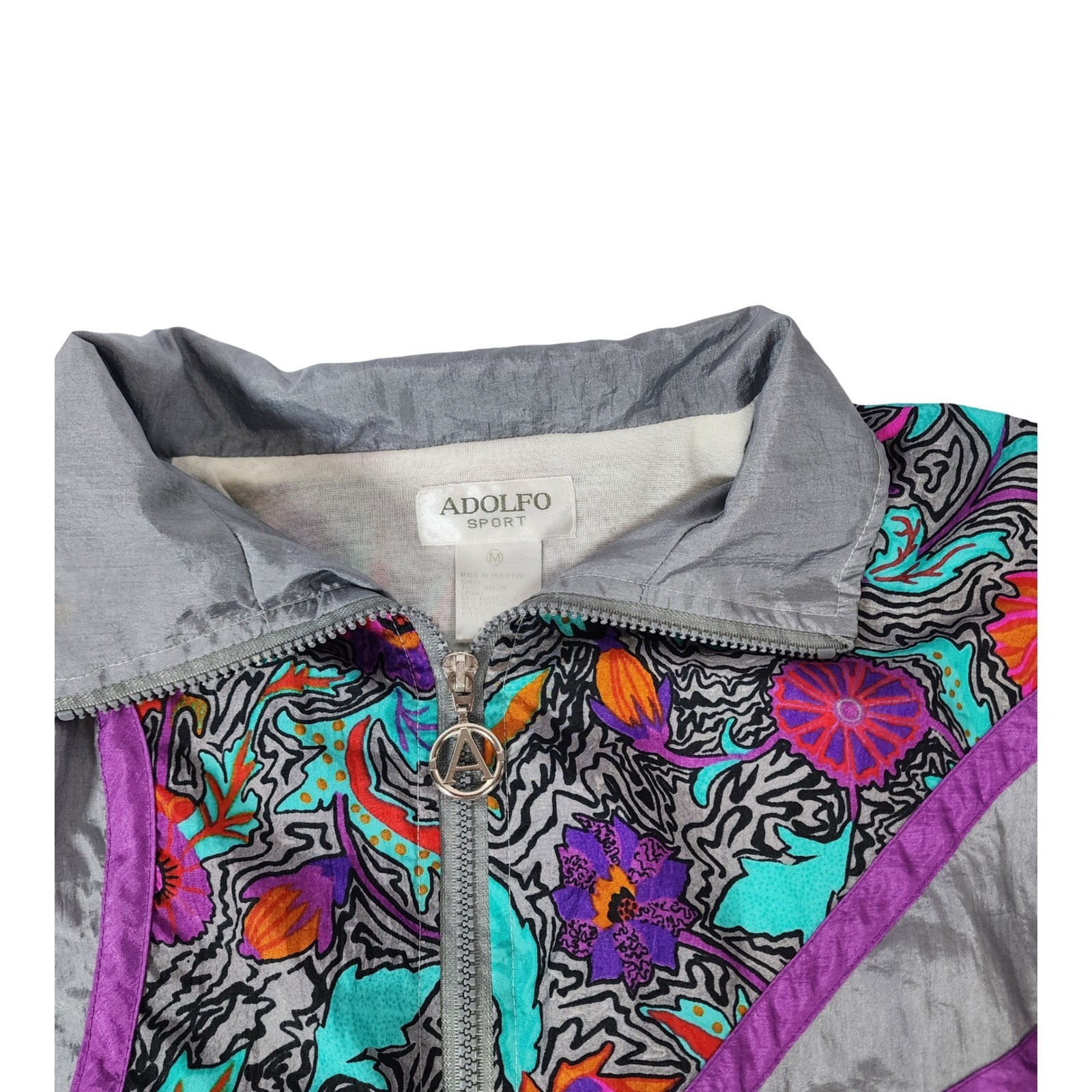 Adolfo Sport Vintage 90s Retro Windbreaker Jacket Silver Floral Abstract Zip M