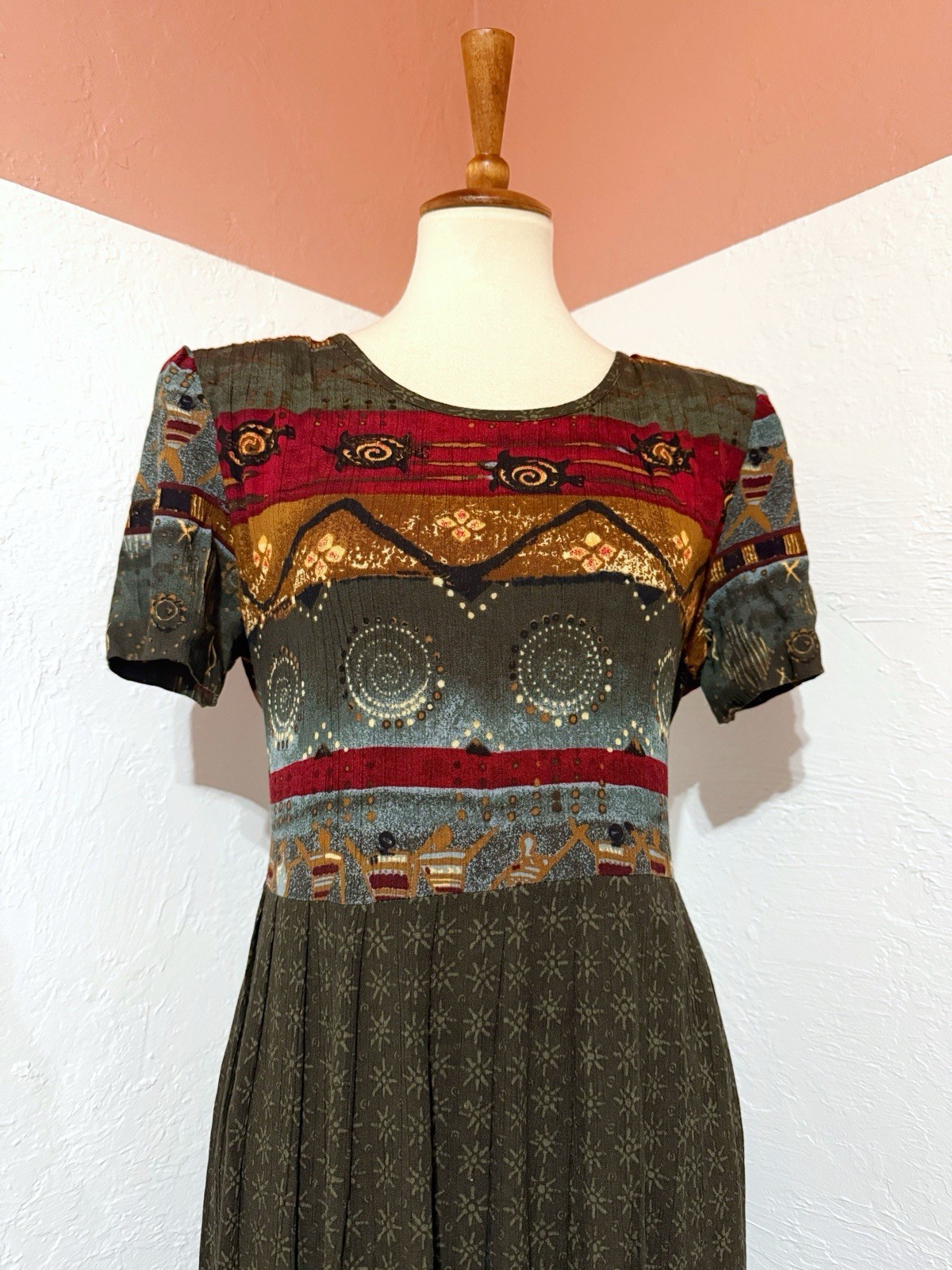 VTG 90s Just In Thyme Petite Art Womens Midi Dress Short Sleeves Back Tie Sz 12P
