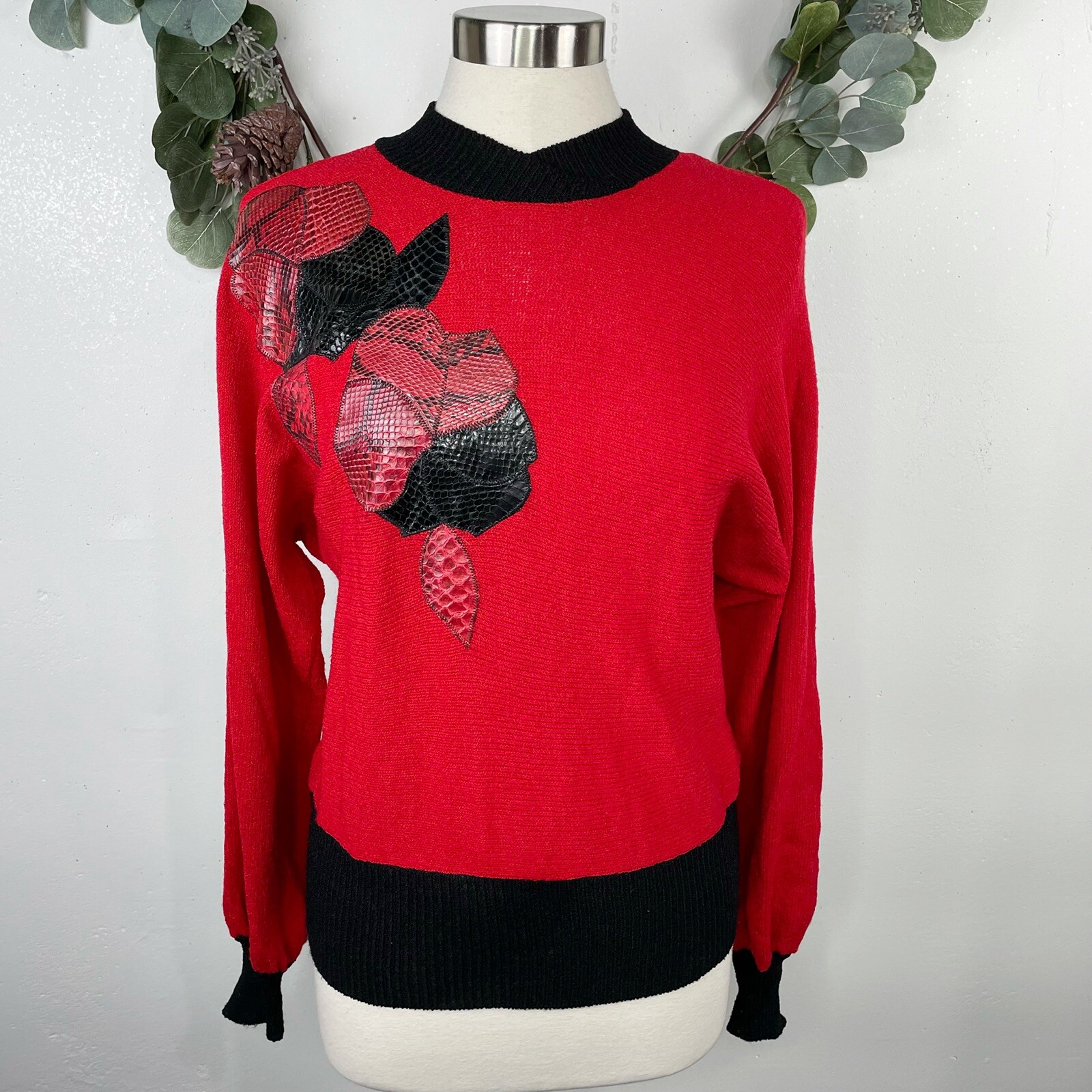 Vintage 80s Womens Sweater Size S Santana Knit Leather Flower Red