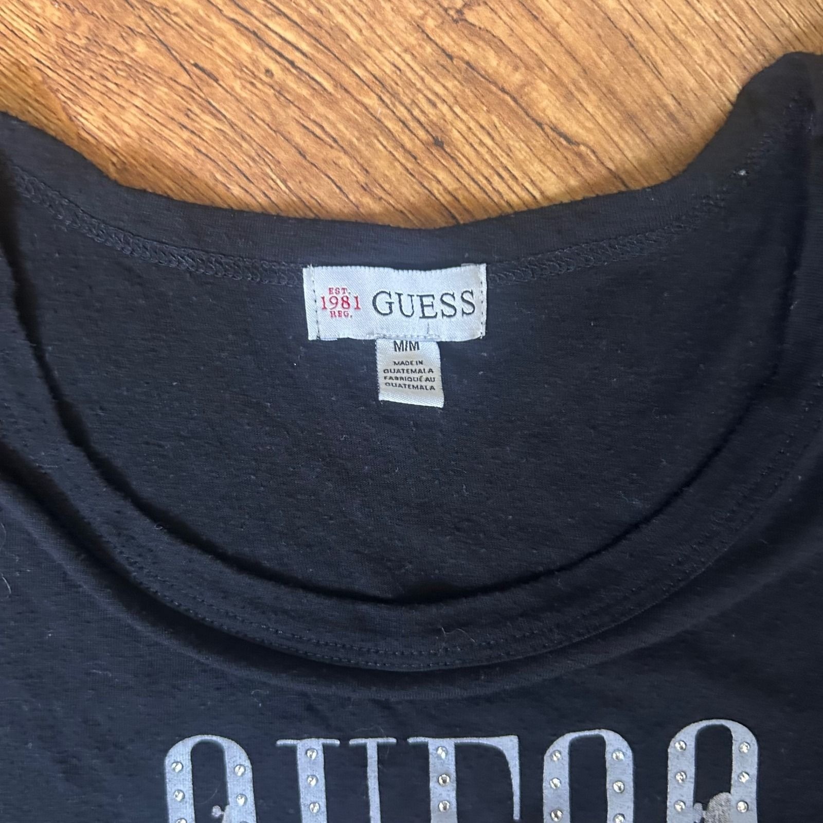 97. Guess Jeans 1981 Guitar Graphic Tank Top Black Rhinestone Y2K rock n roll