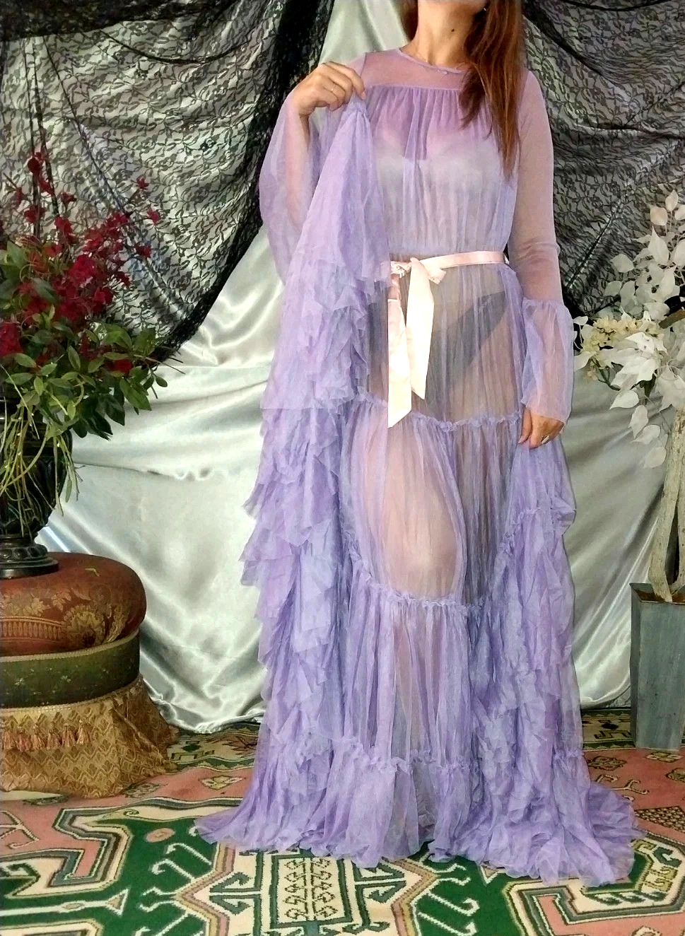 VTG SILKY PURPLE SHEER LAYERS BELL SWEEP NEGLIGEE NIGHTGOWN SISSY 48 OSFM