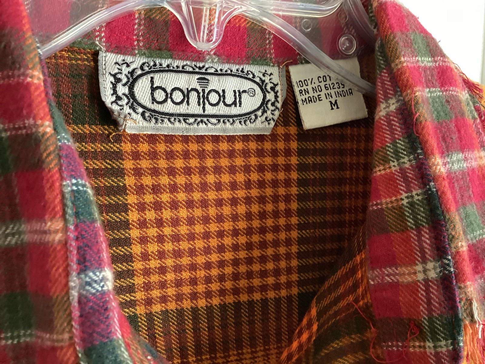 VINTAGE Bonjour Plaid Flannel Shirt Distressed ALL Cotton RETRO Sz Medium -EUC